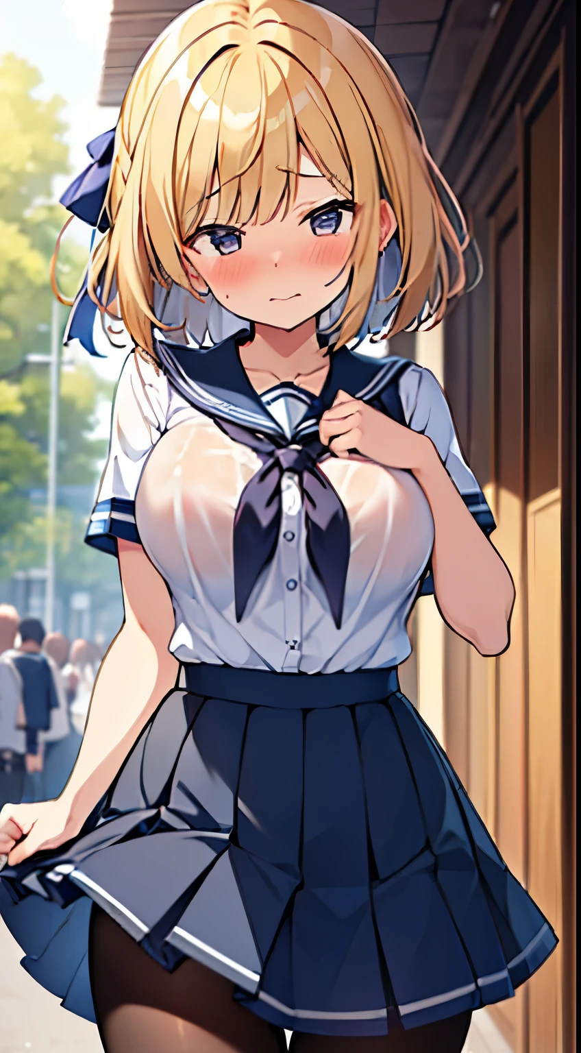 ((top-quality、8K、masterpiece:1.3))、1人、In a town where many people walk、Slender Abs、sofas、hyperdetailed face、A detailed eye、二重まぶた、非常にlarge full breasts、large full breasts、Colossal tits、Neat and clean schoolgirl、short-hair、Straight bob hair、前髪のあるshort-hair、A smile、Schoolgirl Uniform、Low male genitals visible through the skirt、An 18-year-old woman、Sheer white shirt、Unbutton and unfold the shirt、Exposing breasts、Navy blue ribbon at the collar、Dark blue pleated micro mini、Sexy、Peek at the viewer、Beautiful graphics、Bright and sunny main street、There are a lot of people、Show me your whole body、beautiful legal body photos、is standing、No bra、teats see through、The shape of your nipples is noticeable even under your shirt.、No panties、No panties、Detailed female genital shape pantyhose missing、(Facing the front)(((Blushing cheeks、embarassed expression)),(((The skirt is rolled up by the wind)))、Showing female genitalia、、Background depth of field、Please choose one'skirt in the crowd、Men behind、Grabbed by a man、Chest grabbing