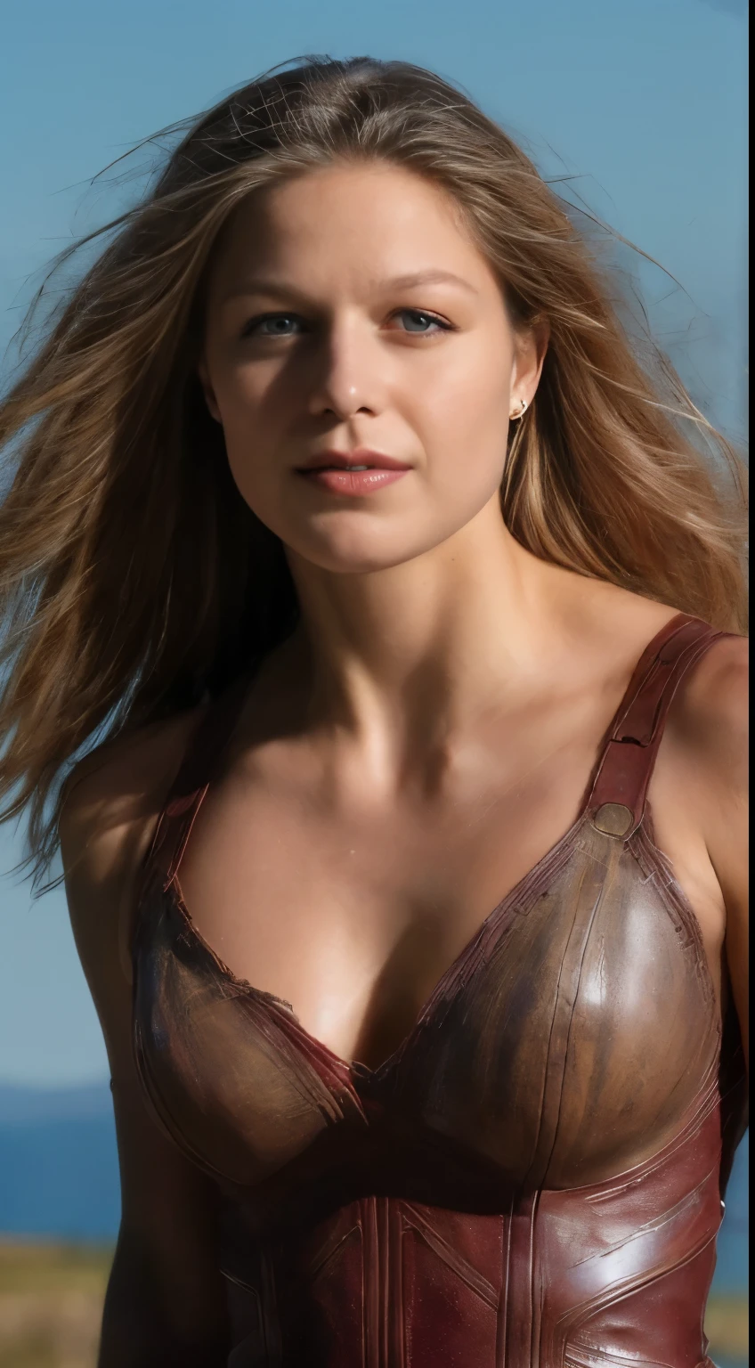 ( (Photo of Melissa Benosit),  tall woman, random full body shot ) ( detailed skin texture, pores), ( natural brown hair with blonde stripes light green-blue eyes, medium breasts,  warrior Viking woman in a revealing leathery/carbon superhero warrior dress, in her 30s, highly detailed, beautiful detailed lightning eyes, Warrior Symbol Tattoo over the left side of her face , long eyelashes, beautiful detailed lips, long hair, extraordinarily strong, confident, stunning appearance, captivating smile, athletic physique, determined expression, striking pose, standing tall and powerful, Detailed hand depiction、dark ages, vikingpunkai ) [depth of the field]  ((perfect body parts, (hyper photorealistic) ))