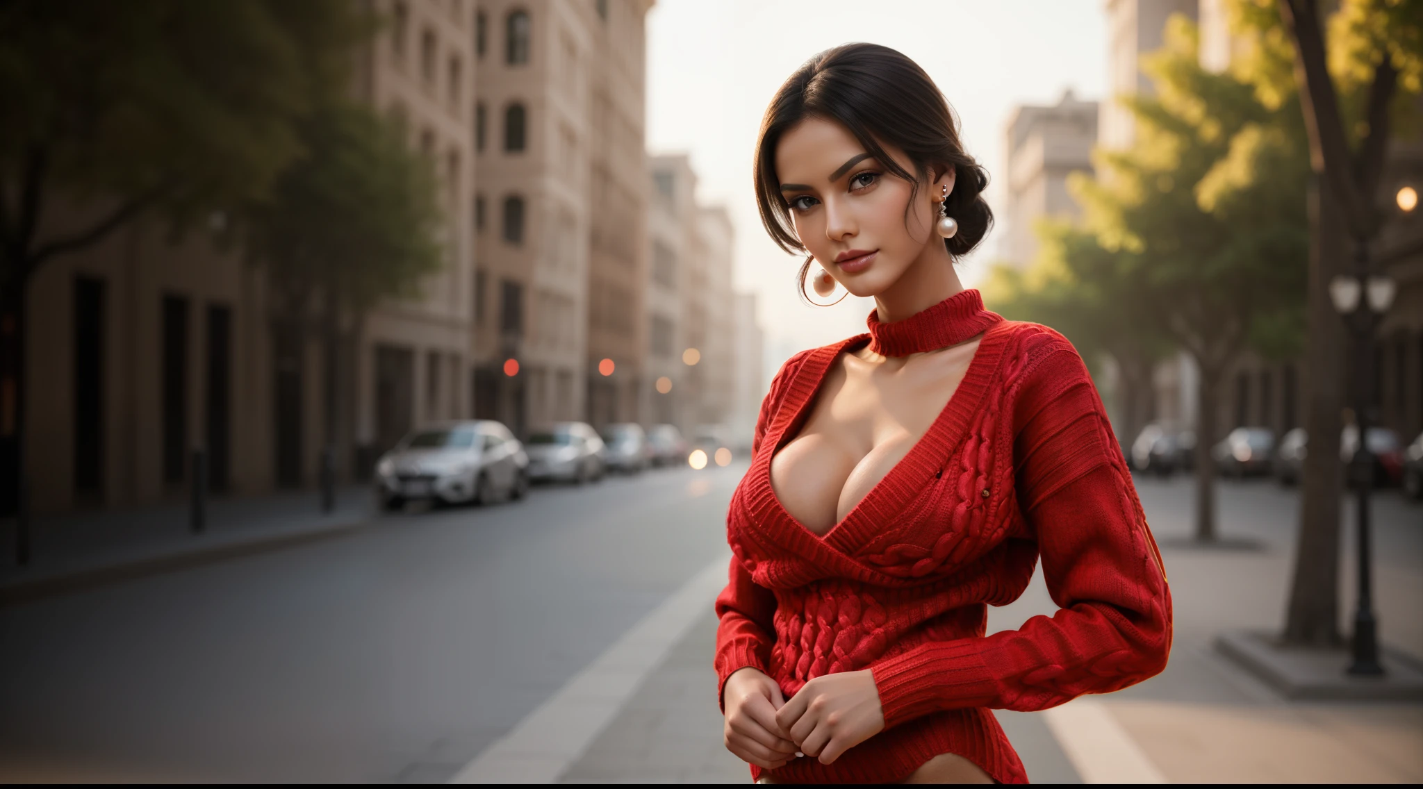 ((a badass girl (stand:1.2) (alone:1.6))),((full-body:1.4, cinematic-shot)),(best quality,4k,8k,highres,masterpiece:1.2),ultra-detailed,(realistic,photorealistic,photo-realistic:1.37),(beautiful and aesthetic:1.2),(film grain:1.3).

[(1girl),(solo),((1 person)),(17years-old),[Raiana-Elizabeth-Dilla],pearl skin,(skin pores:1.1),beautiful detailed eyes,beautiful detailed lips,extremely detailed eyes,longeyelashes,extremely detailed face and skin texture,(skin texture:1.1),black hair,tall and slender body,(192cm tall),thin and delicate figure,graceful posture,flawless skin,defined abs,perfect curves,feminine appearance,beautiful long legs,embodying elegance and beauty,(cleavage breasts,large breasts:1.4),((wearing a sexy ((red) ultra-short sweater minidress):1.4)),extremely detailed and realistic (red) clothes,(shiny skin),((sharp focus:1.5)),(earringeathers:1.5)].

[fierce attitude, powerful gaze, confident expression, edgy fashion style, punk long-haircut, strong physique, tattoos, piercing eyes, studded gloves, high-heeled boots, smoking,  backdrop, dramatic lighting, vibrant colors].

Official art,extremely detailed,Angelic ethereal beauty,award-winning photography,professional photography,depth-of-field,bokeh.