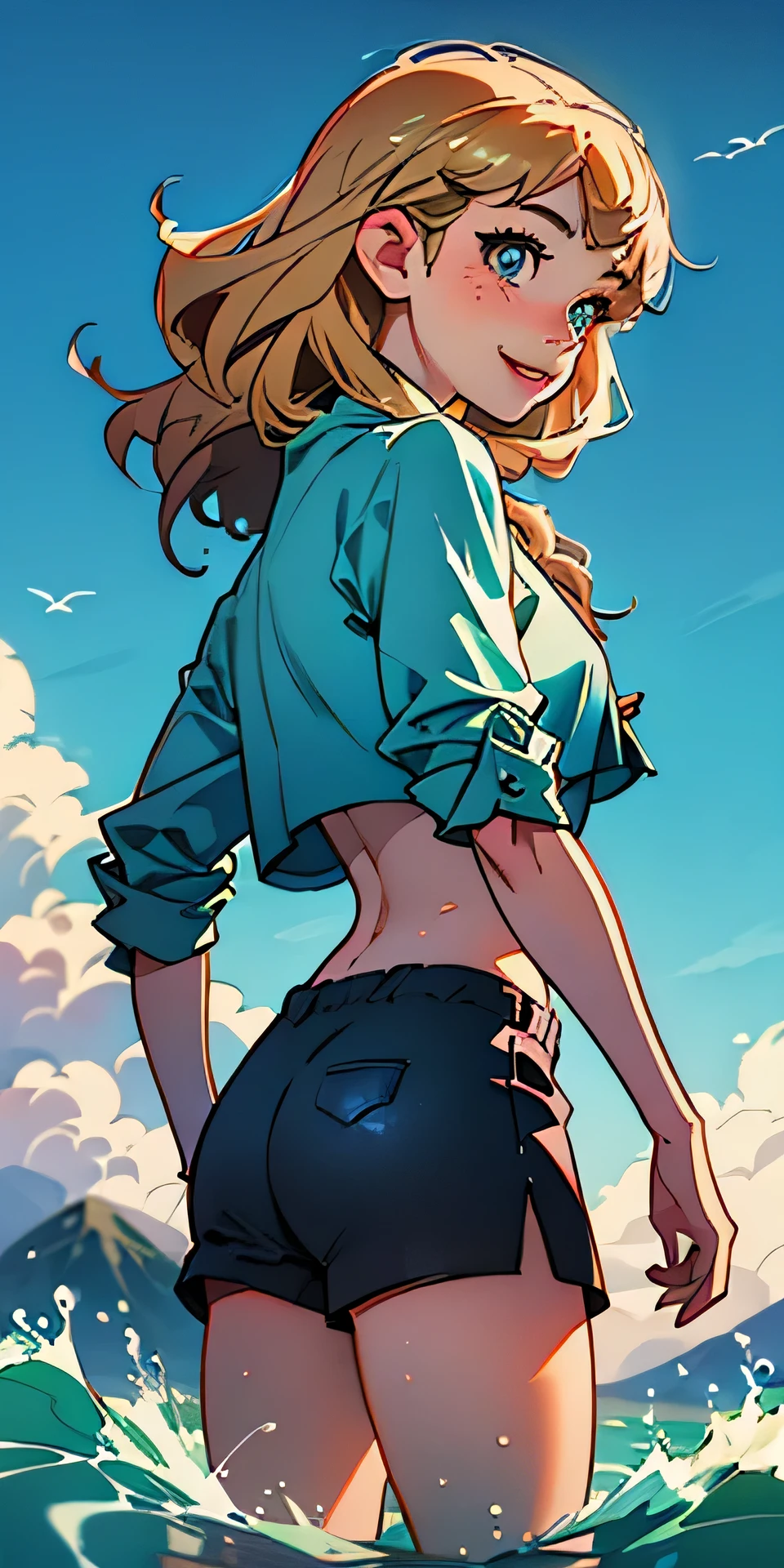 (best quality, masterpiece), 1girl, paw pose, smile, laughing, ocean, crop top, shorts, (blonde), freckles, blush, wavy hair, cloud, splashing, waves, sun, mountain, wet, 1girl in, (masterpiece), (best quality), ultra-detailed, beautiful body, (inocent), beautiful nose, (beautiful breast), beautiful legs, (flat chest), (8K), photography, high resolution, (playing), interracting with the environment. looking at the distance, far away, from behind, (looking at the horizon)