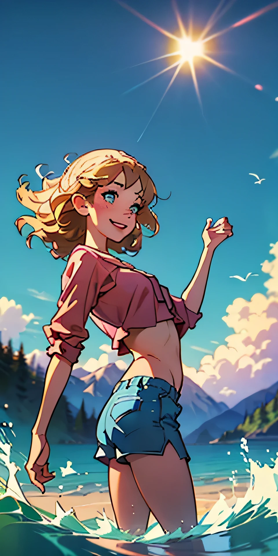 (best quality, masterpiece), 1girl, paw pose, smile, laughing, ocean, crop top, shorts, (blonde), freckles, blush, wavy hair, cloud, splashing, waves, sun, mountain, wet, 1girl in, (masterpiece), (best quality), ultra-detailed, beautiful body, (inocent), beautiful nose, (beautiful breast), beautiful legs, (flat chest), (8K), photography, high resolution, (playing), interracting with the environment. looking at the distance, far away, from behind, (looking at the horizon)