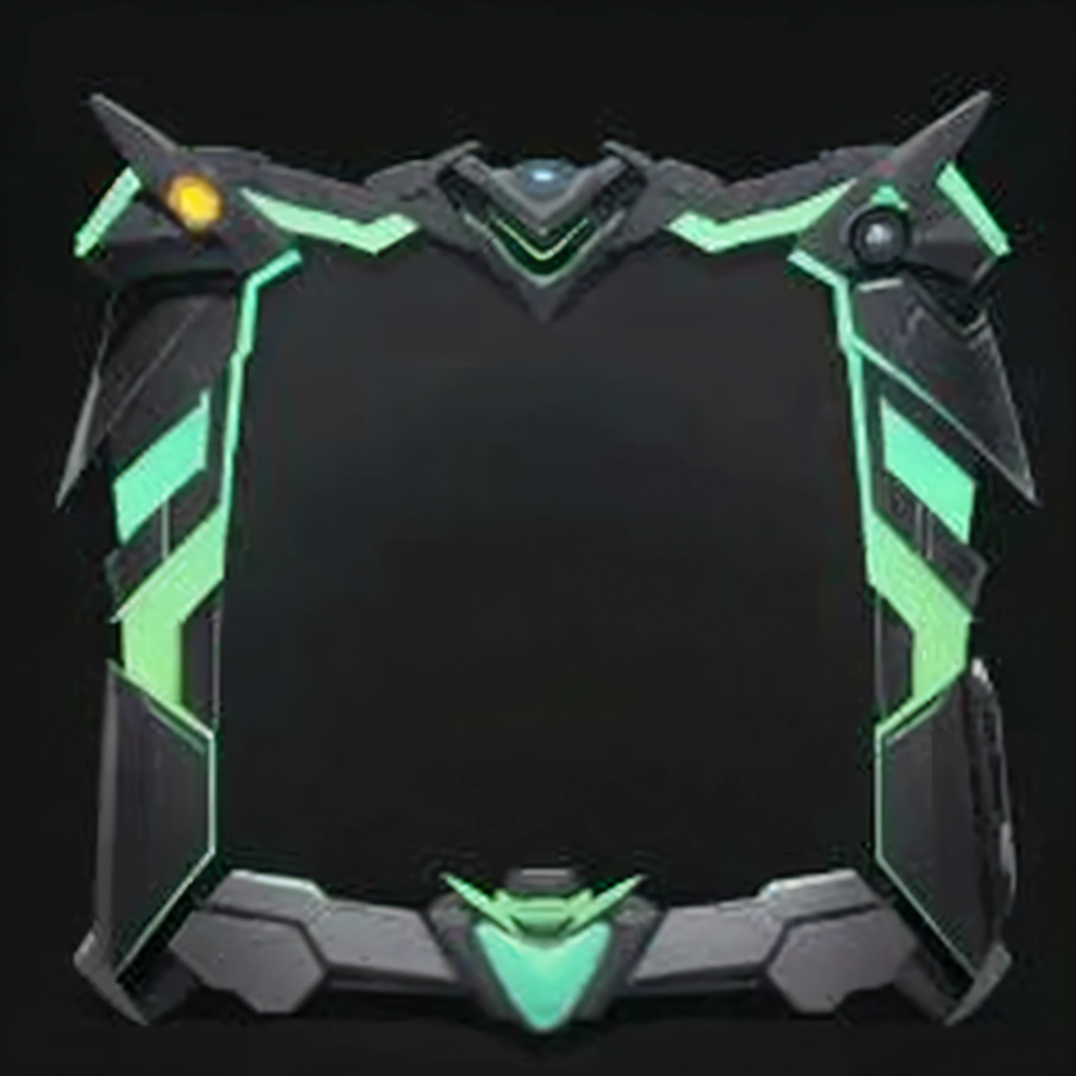 Close up of black and green frame with green light, Robot framework concept, match report, glass oled mecha visor, Keda, game hud, overwatch design, skin on the gaming pc, genji, Web portals, League of Legends Inventory , sci-fi skin, anime frames, brave style, keyframe, brave game style