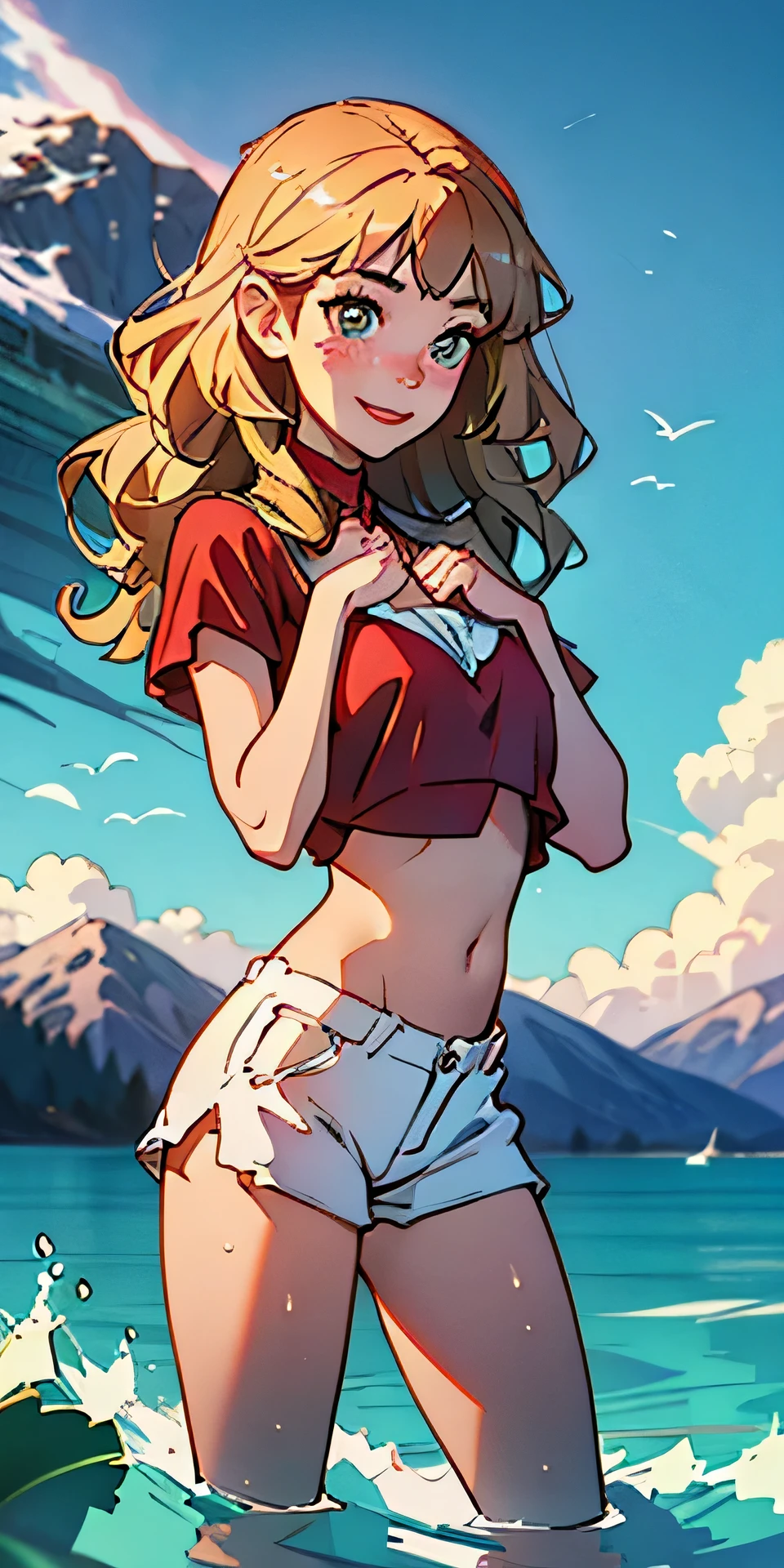(best quality, masterpiece), 1girl, paw pose, smile, laughing, ocean, crop top, shorts, (blonde), freckles, blush, wavy hair, cloud, splashing, waves, sun, mountain, wet, 1girl in, (masterpiece), (best quality), ultra-detailed, beautiful body, (inocent), beautiful nose, (beautiful breast), beautiful legs, (flat chest), (8K), photography, high resolution, (playing), interracting with the environment. looking at the distance, ((far away)), (looking at the horizon)