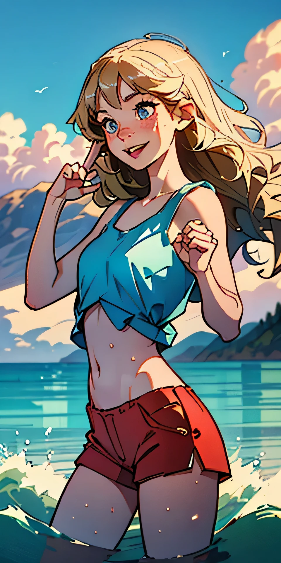 (best quality, masterpiece), 1girl, paw pose, smile, laughing, ocean, crop top, shorts, (blonde), freckles, blush, wavy hair, cloud, splashing, waves, sun, mountain, wet, 1girl in, (masterpiece), (best quality), ultra-detailed, beautiful body, (inocent), beautiful nose, (beautiful breast), beautiful legs, (flat chest), (8K), photography, high resolution, (playing), interracting with the environment. looking at the distance, ((far away)), (looking at the horizon)
