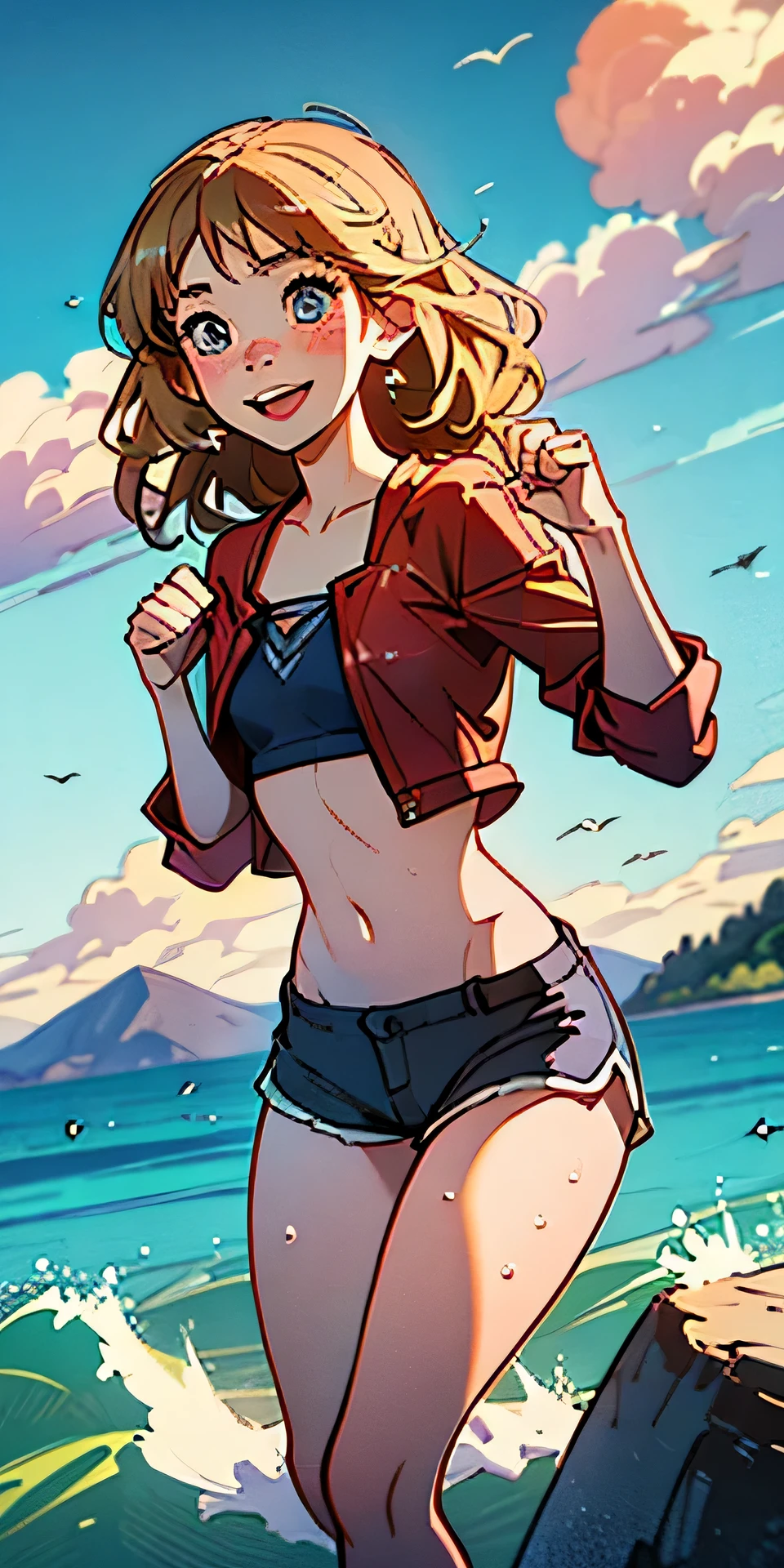 (best quality, masterpiece), 1girl, paw pose, smile, laughing, ocean, crop top, shorts, (blonde), freckles, blush, wavy hair, cloud, splashing, waves, sun, mountain, wet, 1girl in, (masterpiece), (best quality), ultra-detailed, beautiful body, (inocent), beautiful nose, (beautiful breast), beautiful legs, (flat chest), (8K), photography, high resolution, (playing), interracting with the environment. looking at the distance, ((far away)), (looking at the horizon)