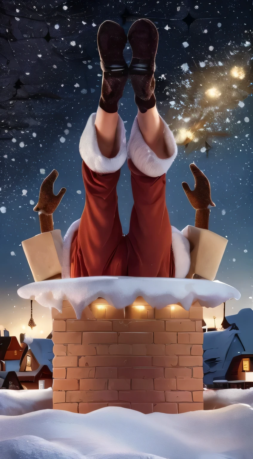 Santa claus legs stuck in flue, snowy roof, blurred winter city background, starry night sky, Santa claus, Santaclaus stuck in flue, Christmas, A realistic photo, ultra high quality Christmas night, holiday season, photography closeups, Santa claus, Santa, Santa clause, promo image, Foreground background, under the quiet night sky, Detailed image, flue, background image, detailed picture, promo art, Show below, profile image