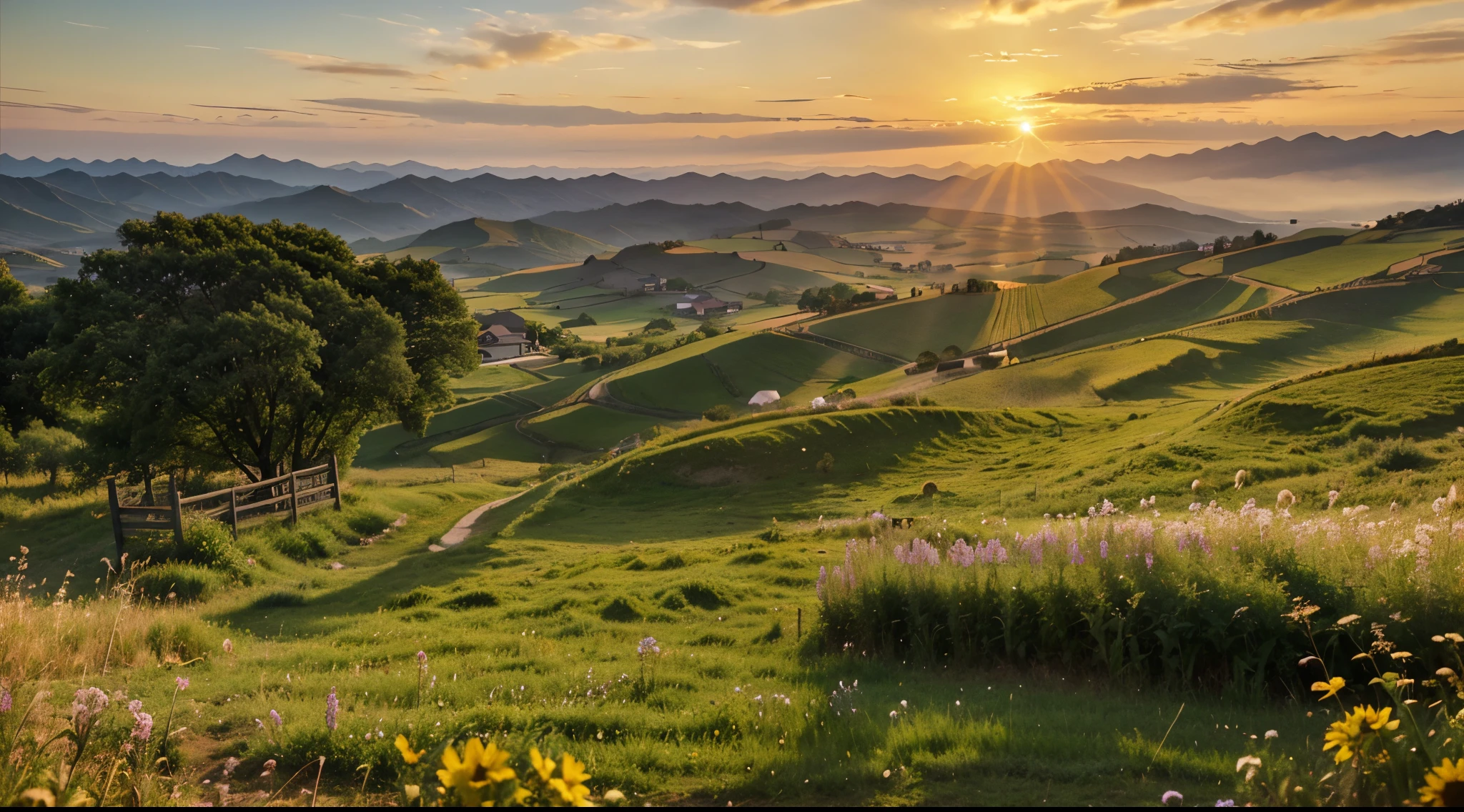 golden time in the morning, Idyllic, shot at golden hour, Summer environment,The grassland should have an ups and downs feeling,Looking out from the window of the B&B should feel like Wugong Mountain