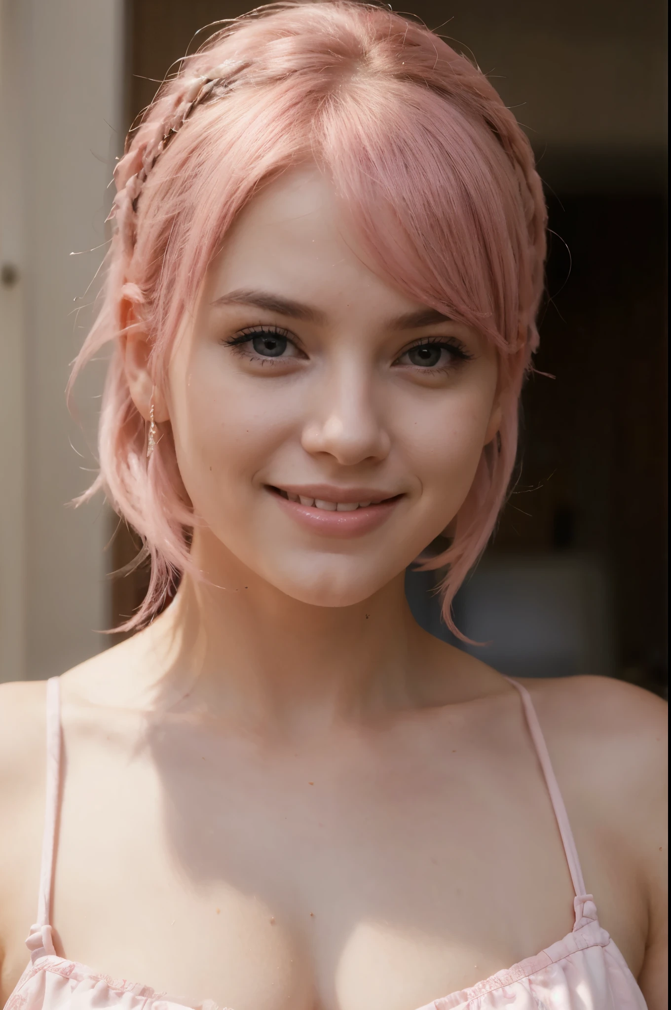 a beautiful lady, smiling, pink hair, ultrarealistic, detailed