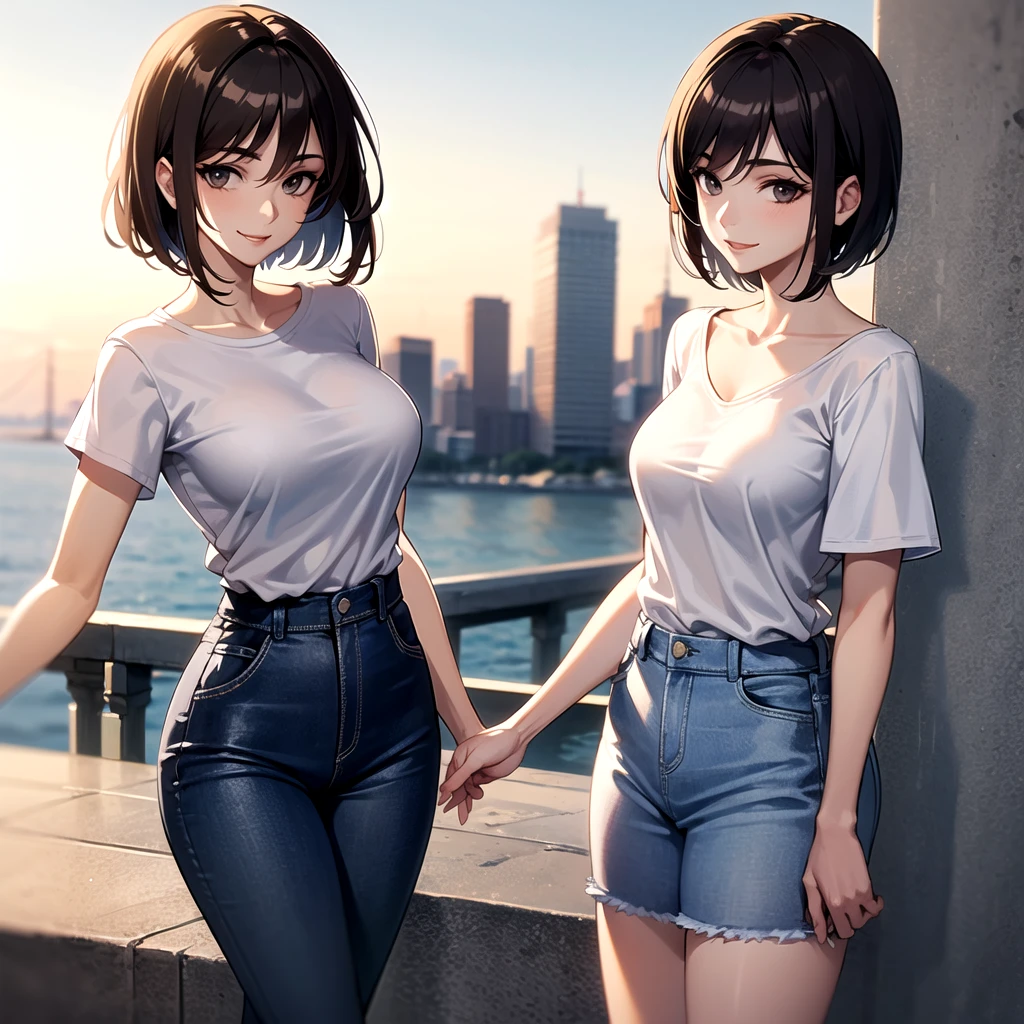 1girl, short black hair, blue eyes, wearing see through shirt, denim shorts, breasts, nipples, city, absurdres, high res, ultrasharp, 8K, masterpiece, looking at viewer