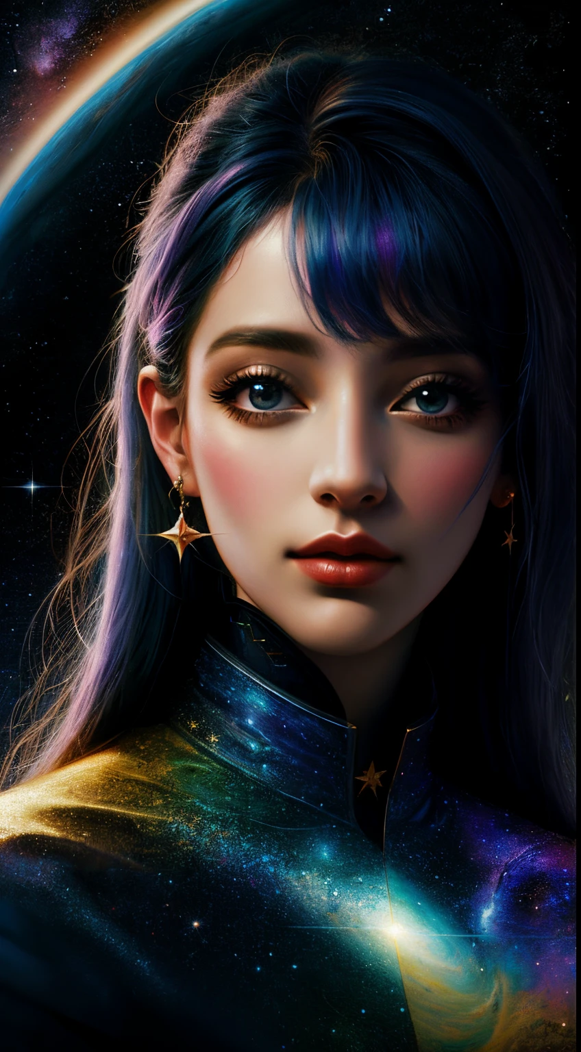 pintura de uma mulher com uma gravata e um fundo cheio de estrela, estrelas em seus olhos de olhar, imagem de arte digital, girl in space, arte digital!!, cosmic girl, No estilo de arte de Bowater, retrato de fantasia digital, pintura digital brilhante, strange portrait with galaxy, arte digital do retrato, em estilo de pintura digital, retrato da fantasia, linda arte digital linda