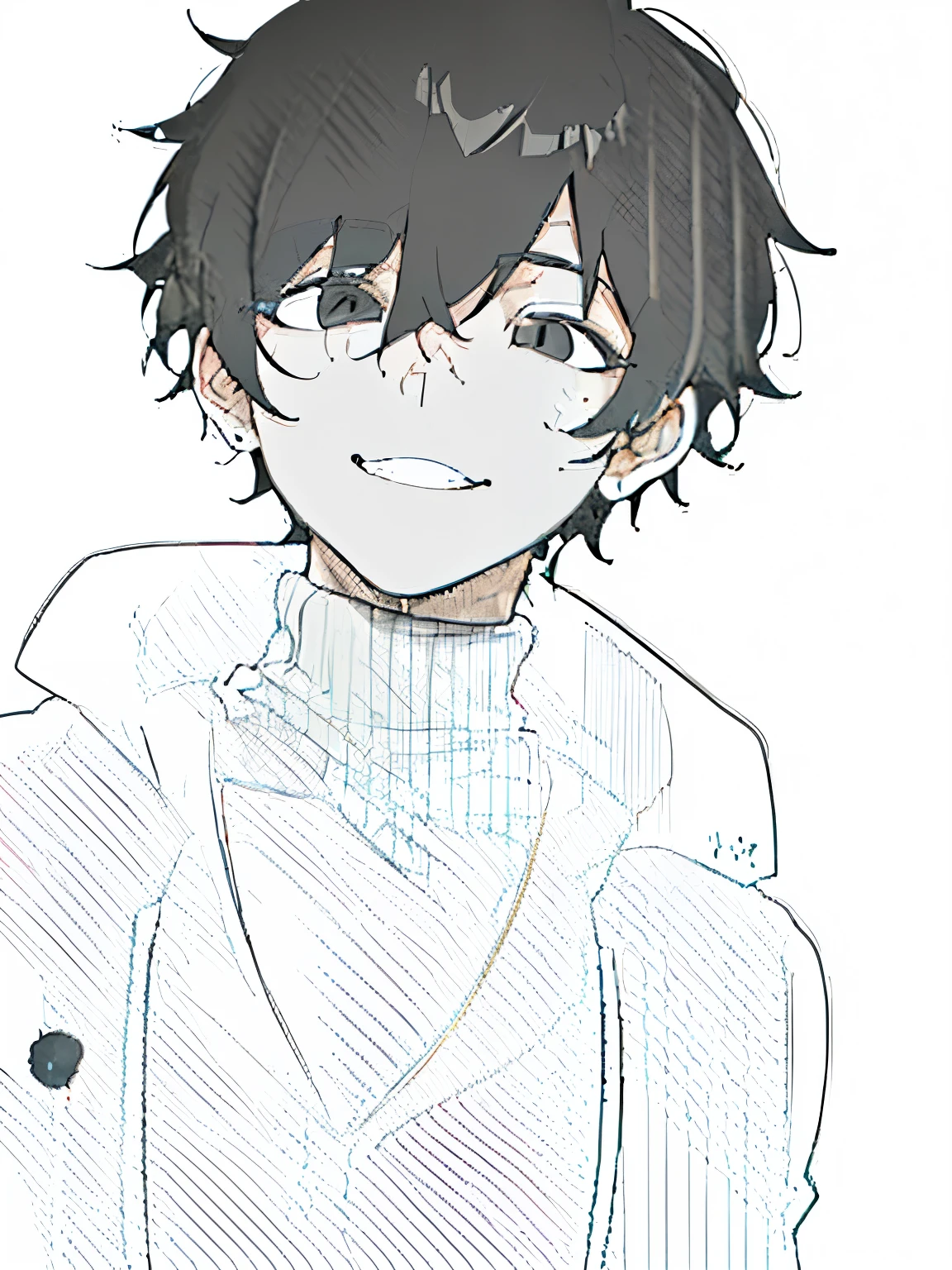 best quality, high resolution, clean background, high contrast, (((1boy:1.1))), line-drawing, sketch, ((tight medium shot))), white background, clean line drawings, (fringe hairstyle), (naughty face), smile face, (((blackturtleneck:1.1))), (Mashed Hair), (((dark-haired)))), ((blackeyescolor:1.1)),