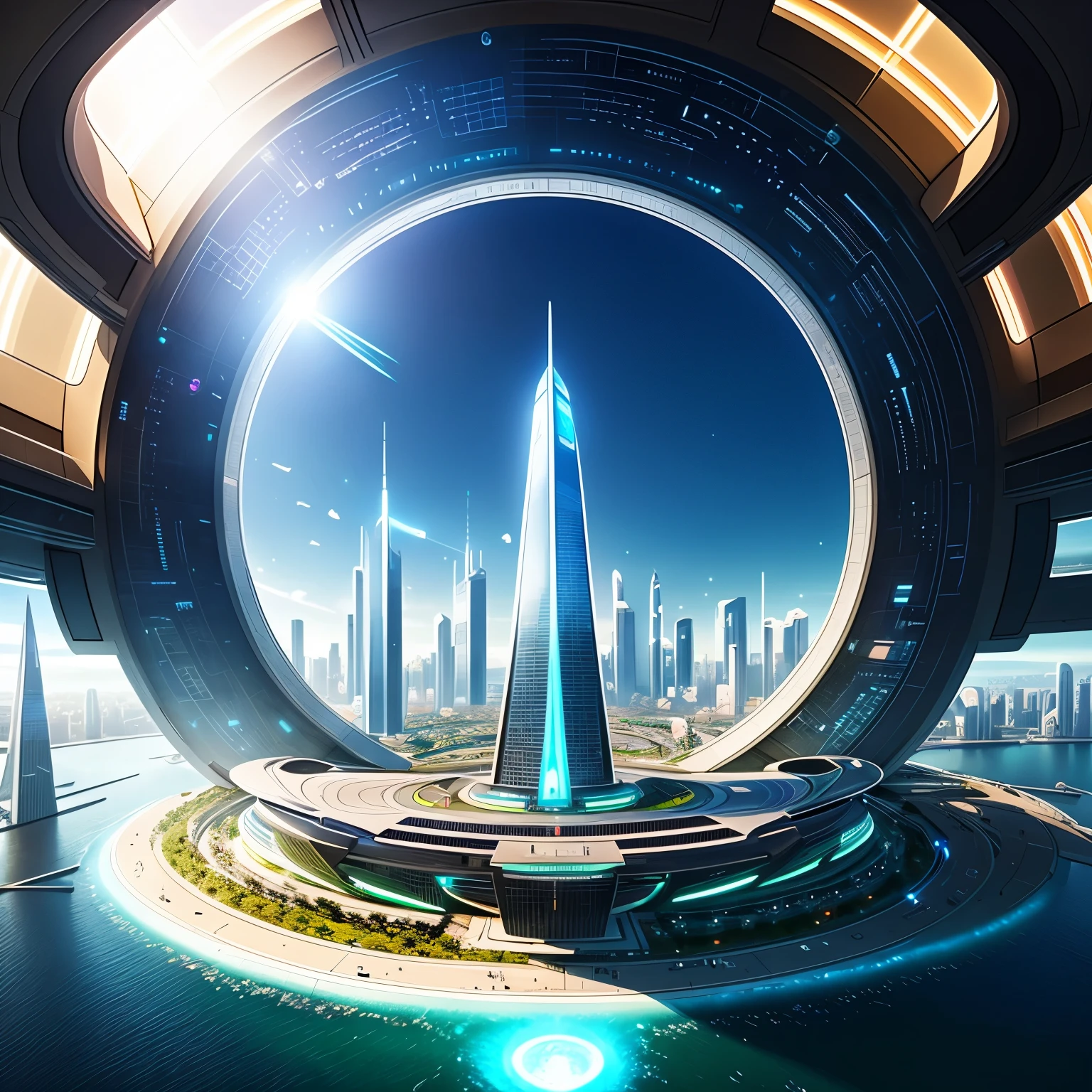 The city of the future in the middle of a circular island with a sky background, Spaceport of the future, The city of the futurescape, futuristic concept art, The city of the future, Utopian cities of the future, vista of The city of the future, The dystopian city of the future, The city of the future scape, in fantasy sci - fi city, photo of The city of the futurescape, futuristic setting, detailed futuristic architecture, The city of the future backdrop, futuristic architecture concept,A sense of future technology,center glowing,Neon light rendering