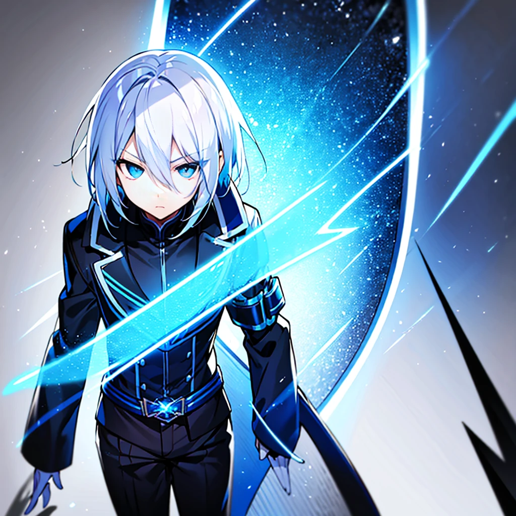 hight resolution,Anime boy with white hair and blue eyes staring at camera, Luminous Blue Eye,slim, dressed in a black outfit,Shadow Body,de pele branca,monochromes,hair messy,Straight face,Diagonal angle