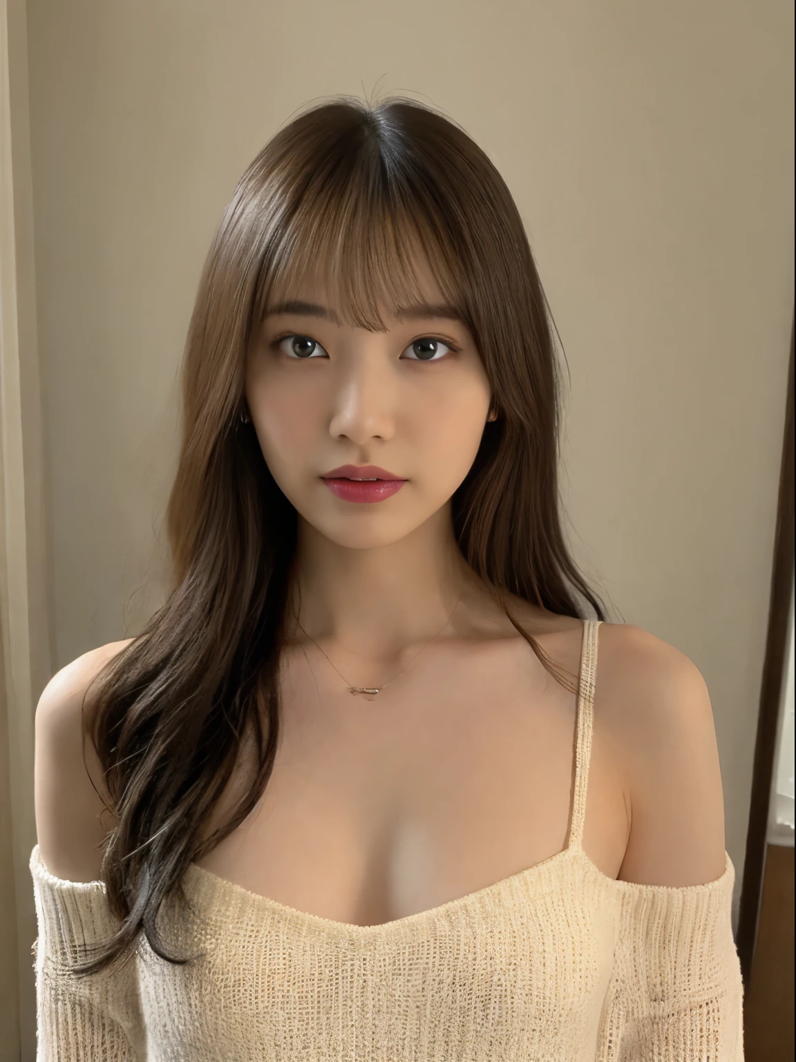 -yeld gi Solo, Long hair, Colossal tits, Nipple protrusions、Looking at Viewer, Blonde hair, Bare shoulders, Brown eyes, Jewelry, Full body, Necklace, off shoulders, Sweaters, awkward lips, Realistic, Nose, flirting with camera、sexy pose、Lace underwear、are visible、The nipple is visible、I see underwear