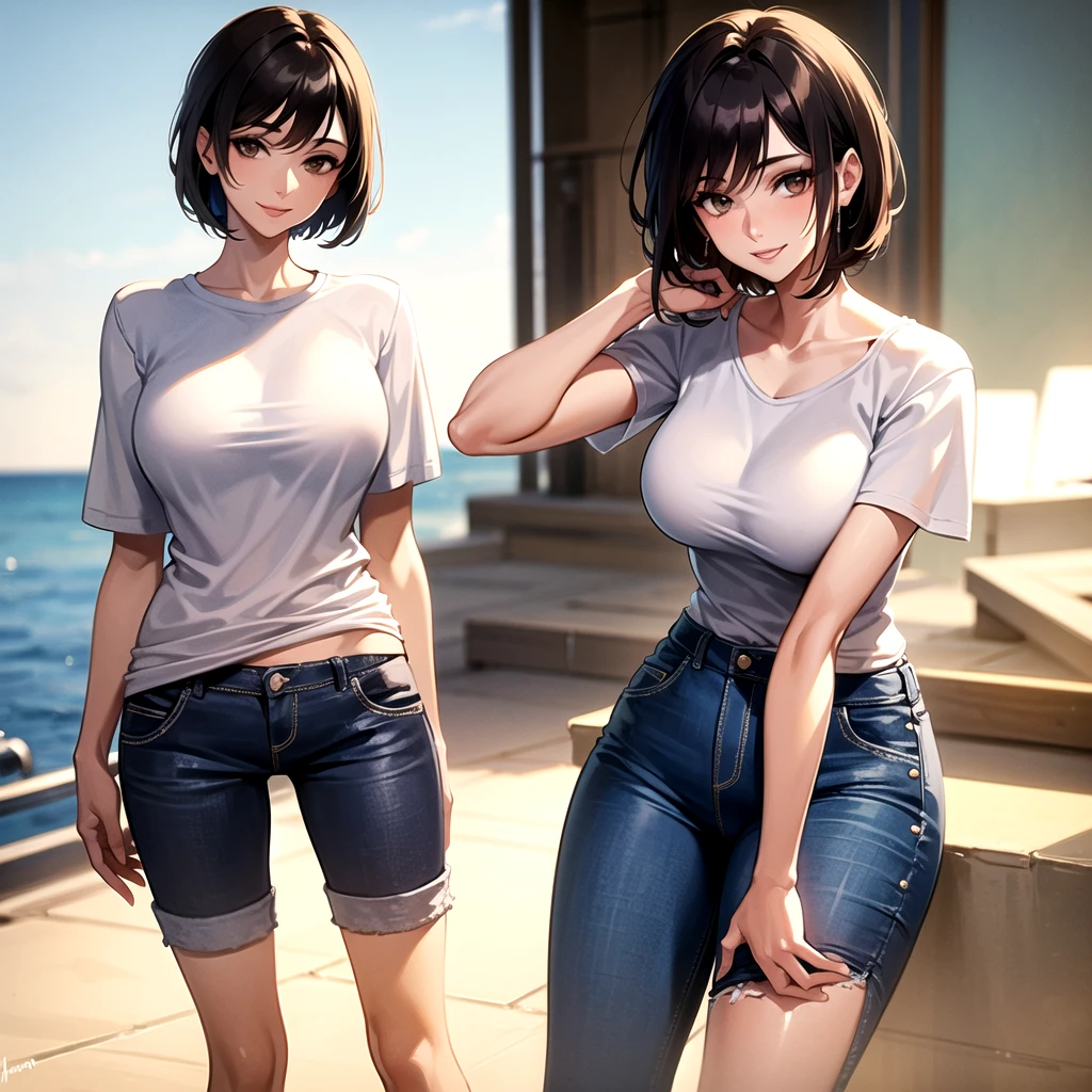 1girl, short black hair, blue eyes, wearing see through shirt, denim shorts, breasts, nipples, city, absurdres, high res, ultrasharp, 8K, masterpiece, looking at viewer