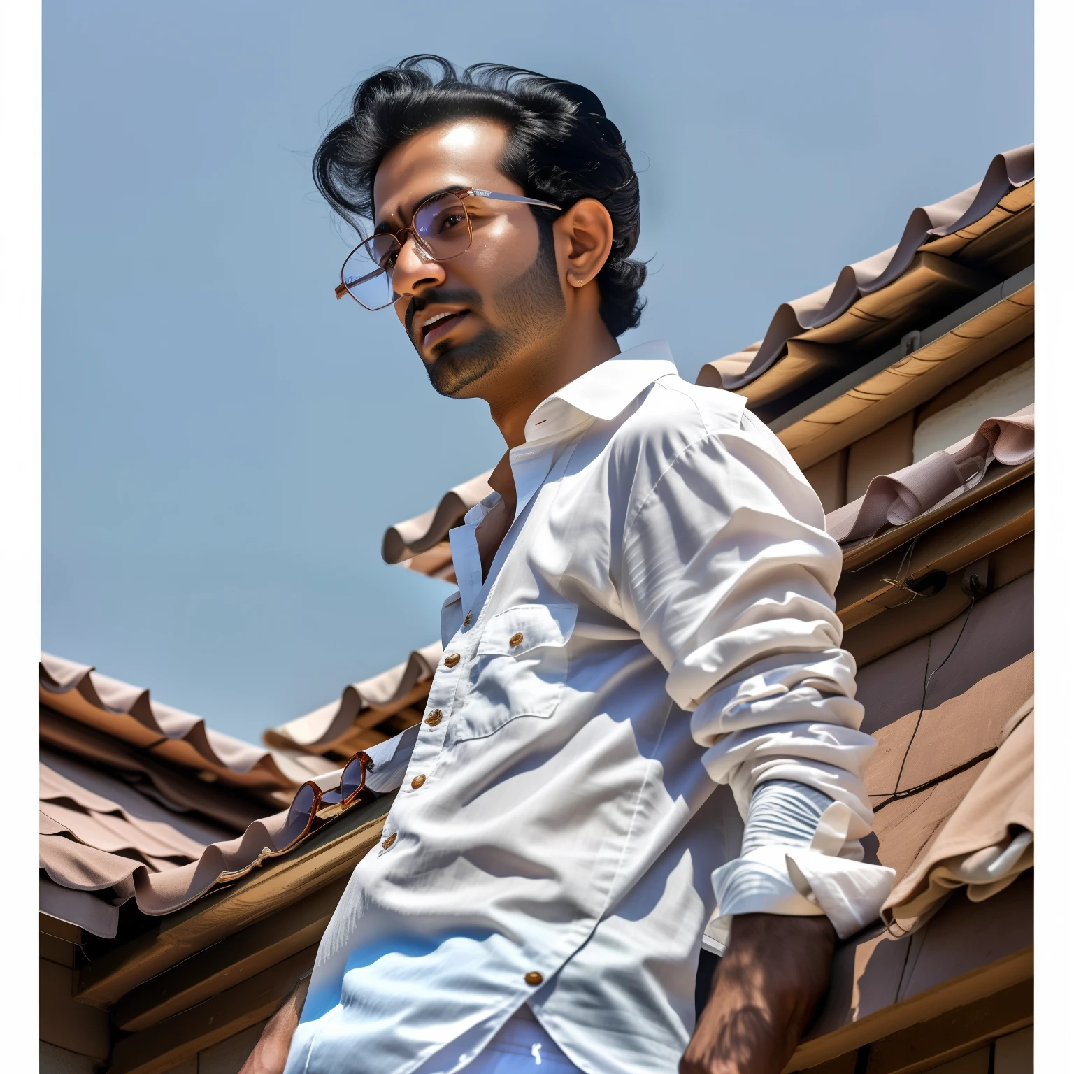 arafed man in white shirt and glasses standing on a roof, inspired by Saurabh Jethani, inspired by Kailash Chandra Meher, vastayan, photo taken in 2 0 2 0, portait photo profile picture, very very low quality picture, kyza saleem, by Saurabh Jethani, candid picture, jayison devadas