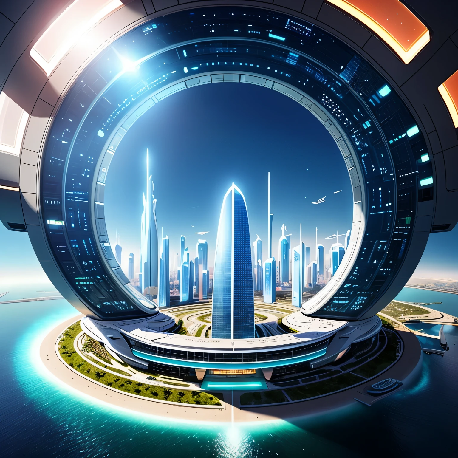 The city of the future in the middle of a circular island with a sky background, Spaceport of the future, The city of the futurescape, futuristic concept art, The city of the future, Utopian cities of the future, vista of The city of the future, The dystopian city of the future, The city of the future scape, in fantasy sci - fi city, photo of The city of the futurescape, futuristic setting, detailed futuristic architecture, The city of the future backdrop, futuristic architecture concept,A sense of future technology,center glowing,Neon light rendering