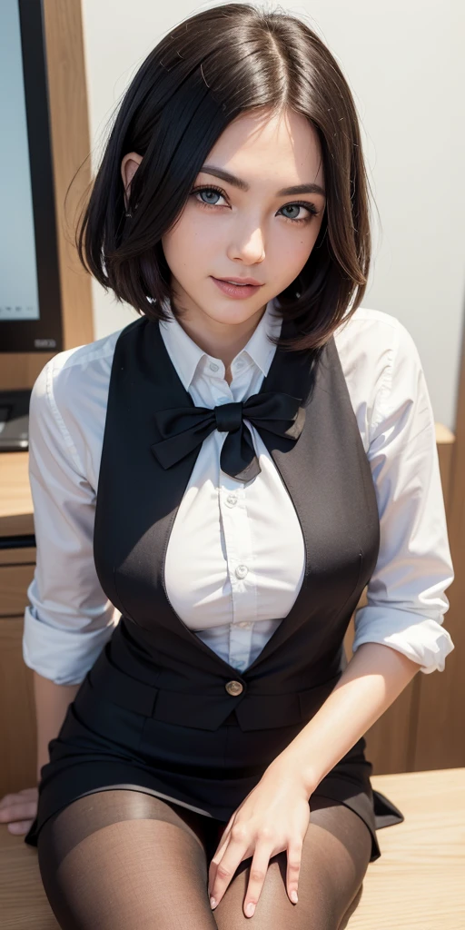 (RAW, best quality, masterpiece:1.5), (photo realistic, intricate details:1.2), ultra highres, absurdres,
1girl, beautiful face, blue eyes, green eyes, detalied eyes, symmetric eyes, light on face, nose blush, short hair, black hair tie, 
clk, vest, suit, pencil miniskirt, unbuttoned white shirt, loose silk scarf, black pantyhose, [:20d, :0.8],
smile, small dimples, sexually suggestive, 
medium breasts, slim waist, slim legs, long legs,
sitting on chair in front of desk, perfect body, good proportions,
looking at viewer, 
(office, indoor, hyper detailed background:1.2), japan, copy machine, file cabinet, computer, monitor,
shiny skin, real skin texture, 
natural lighting, best lighting, detailed background, detailed shadow, sharp focus, depth of field f/2,
saturated, high contrast, strong light and shadow