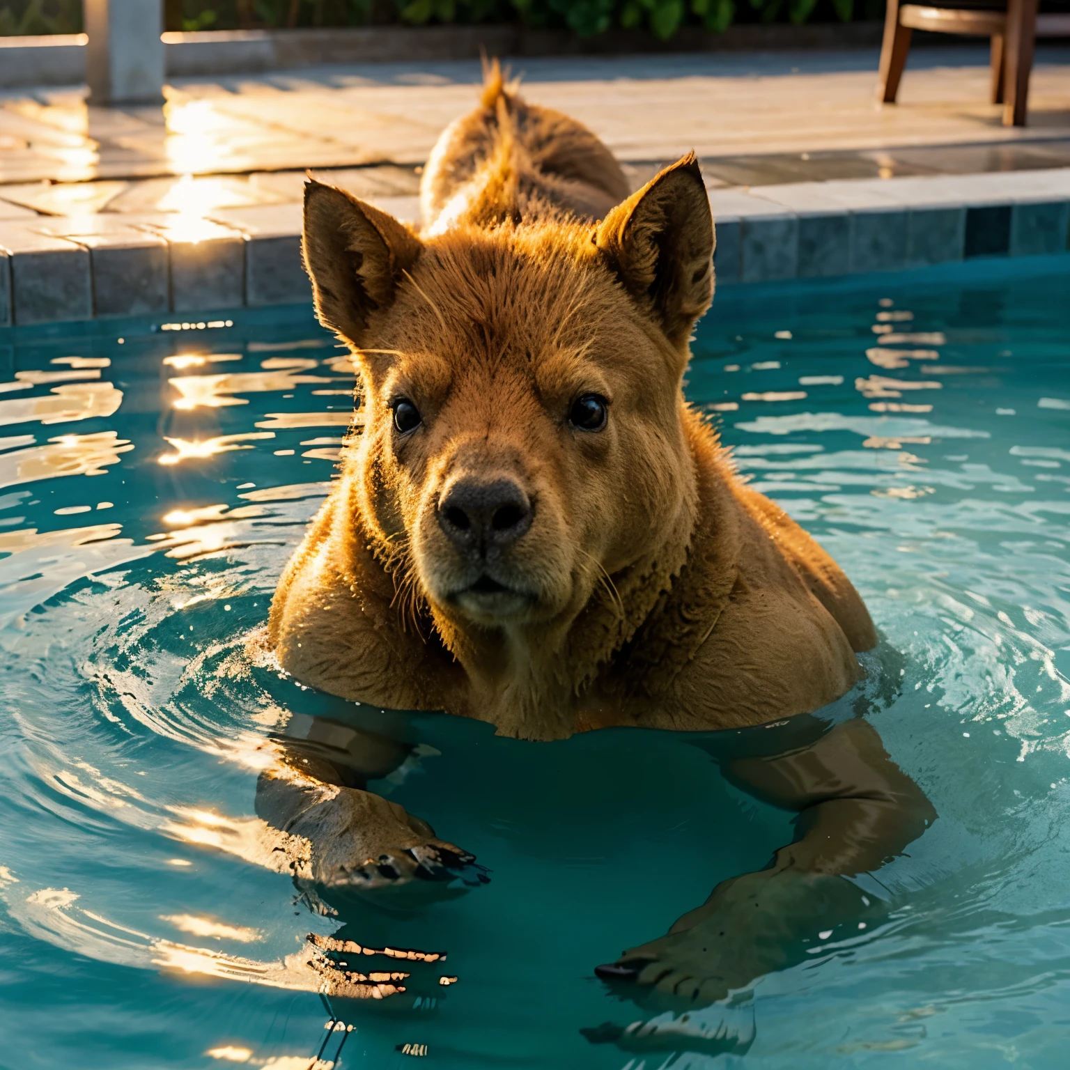 Under the golden sunset，Capybara Capibala takes a bath in the pool，Braving hot，An orange on the head，Keep your eyes closed