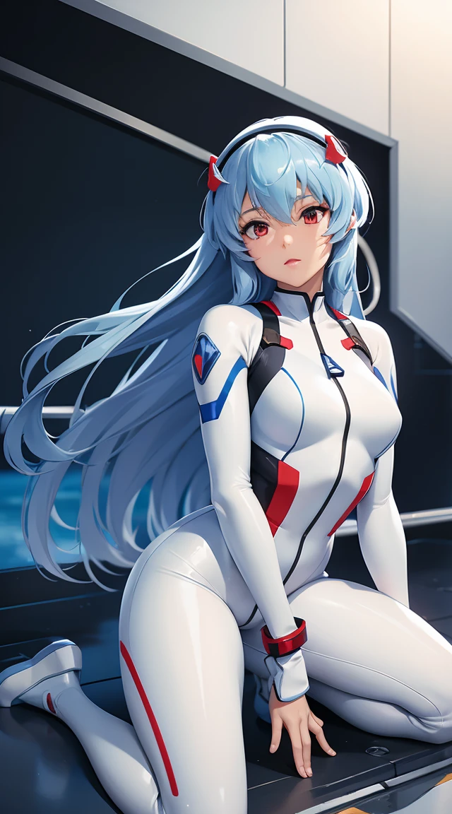 a pregirl，Lea Yabo，ayanami rei，blue long hair，Proud figure，Get wet，White jumpsuit，Knelt，ultraclear，8k，high-quality picture