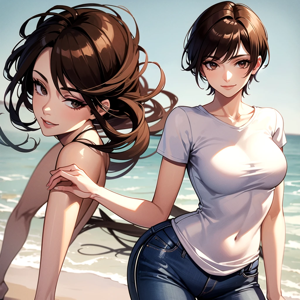 (Highest quality、8k、32K、masterpiece)、(Realistic)、(Realistic:1.2)、(High resolution)、Very detailed、Very beautiful face and eyes、(((Women's Solo Shot)))、Tight waist、(Highest quality、Attention to detail、Rich skin detail)、(Highest quality、8k、Oil paints:1.2)、(Realistic、Realistic:1.37)、Bright colors、(((Full Body Shot)))、(((Bob Hair)))、(((Medium Hair)))、(((Side Ponytail)))、(((smile)))、(((Brown Hair)))、(((Green tank top)))、(((Black shorts)))、(((Being in the steppe)))、(((you can see the horizon)))、((Sweaty skin))、(((It's the top of the mountain)))、((Looks fun))、((I'm making a bonfire))、((It's evening))、standing、Hands on hips、