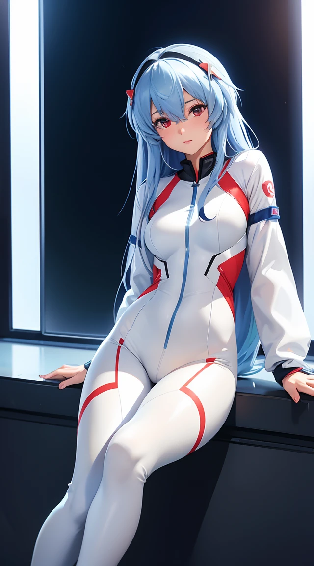 a pregirl，Lea Yabo，ayanami rei，blue long hair，Proud figure，White jumpsuit，Sat down，raise leg，ultraclear，8k，high-quality picture