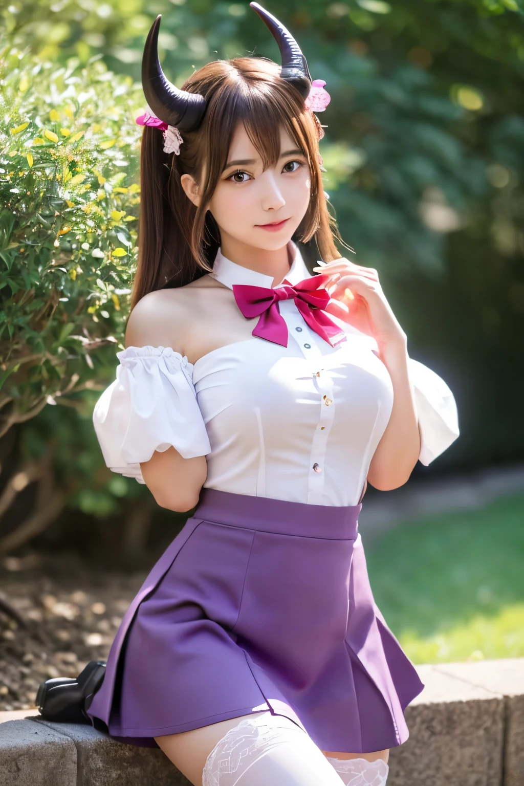 huge tit,Cosplay,pink there,Detailed fingers Highly detailed eyes and face, beautiful detailed nose, Beautiful detailed eyes(Raw photo, Best Quality), (Realistic, Photorealsitic:1.3), masutepiece, Extremely delicate and beautiful, Soft light, (Brown hair, Shoulder-length straight hair swaying in the wind), Beautiful detailed girl, (Detailed fingers Highly detailed eyes and face, beautiful detailed nose, Beautiful detailed eyes, 1 girl, Neat and clean beauty, Cute, 年轻, Realistic face, Realistic body,ironmouse, Ahoge, Medium Hair, multicolored hair, pink there色のヘア, (Purple eyes:1.1), Purple hair, side locks, striated hair, swept bangs, two side up, Two-tone hair, Hair Ornament, heart mark, heart mark Ahoge, heart mark Hair Ornament, BREAK bare shoulders, bell, long boots, Bow, Bowtie, buckles, chain, 鎖骨, cross-laced clothes, cross-laced Skirt, Cross Lace Slit, Demon Girl, demon Horns, demon tail, Detached sleeves, garter strap, Horns, knee high, neck bell, off shoulders, puffy Detached sleeves, Puffy sleeves, Purple Legwear, red Bow, red Bowtie, Skirt, tail, Thigh strap, thighs thighs thighs thighs, BREAK looking at viewer, BREAK indoors, BREAK (masutepiece:1.2), Best Quality, High resolution, Unity 8k壁纸, (Illustration:0.8), (beautiful detailed eyes:1.6), extremely detailed face, Perfect Lighting, extremely detailed CG, (Perfect hands, Perfect Anatomy)