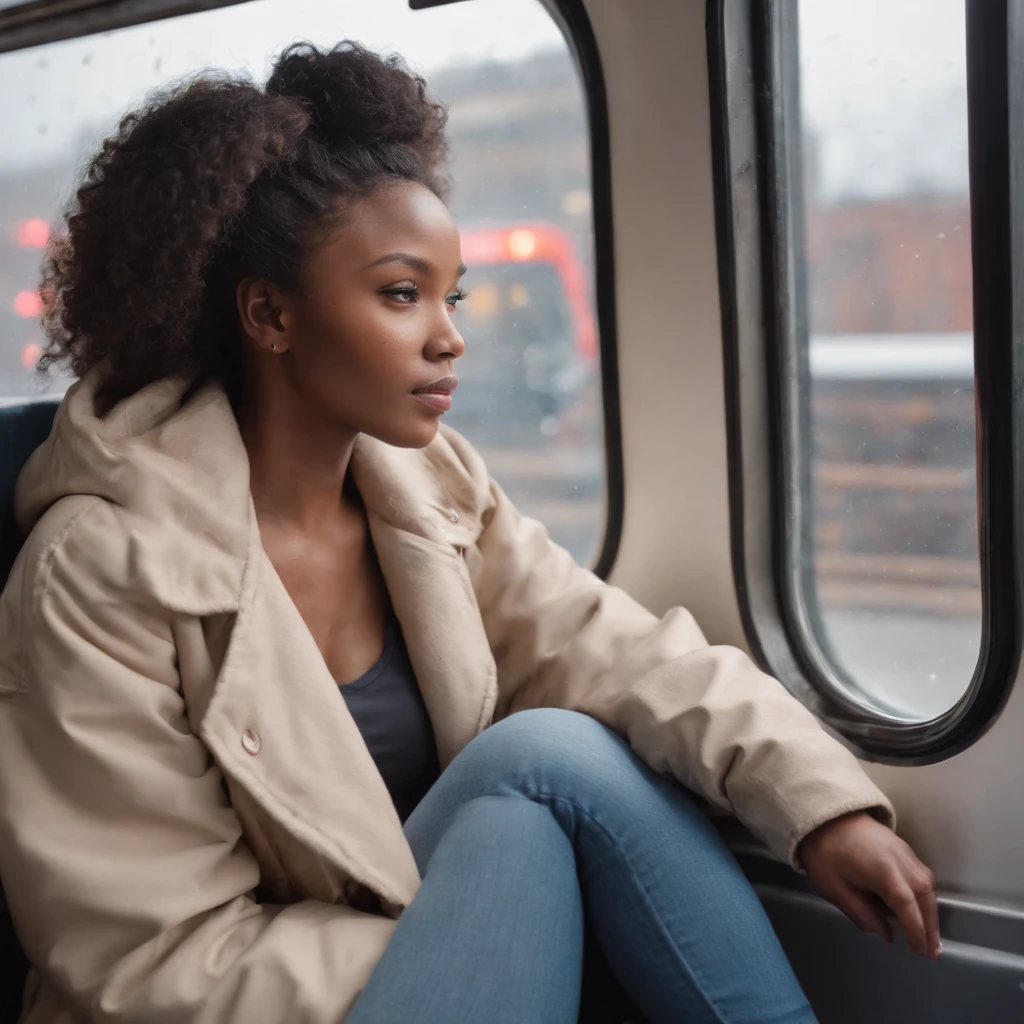 ((Dark African skin, Very deep ebony skin)), ((Its beauty is undeniable)), ((Excited cute face)), ((Hyper detailed perfect eyes,)), ((Language output)), ((Tired)), sexy, ((beige warm winterjacket, jeans, public transport, sitting in the train)), ((Afro ponytail with long African curly hair,)), ((skin)), ((looking outside the window, front view)), ((touching her own legs in a sexy pose)), ((The Hague, public transport, raining, sitting in the train, morning, Public city, people in the background)), Sharp Focus CGI, photorealistic, High detail, Realistic, Masterpiece, absurd, Best quality, Hdr, High quality, high-definition, Extremely detailed, 8k wallpaper, Intricate details, 8K UHD, Full-HD, (photo realist:1.2), contrast, intense illumination, lighting cinematic, natural lighting, morning light, winter, Illumination globale, Laughing out loud, African women, Female sexy, The Hague