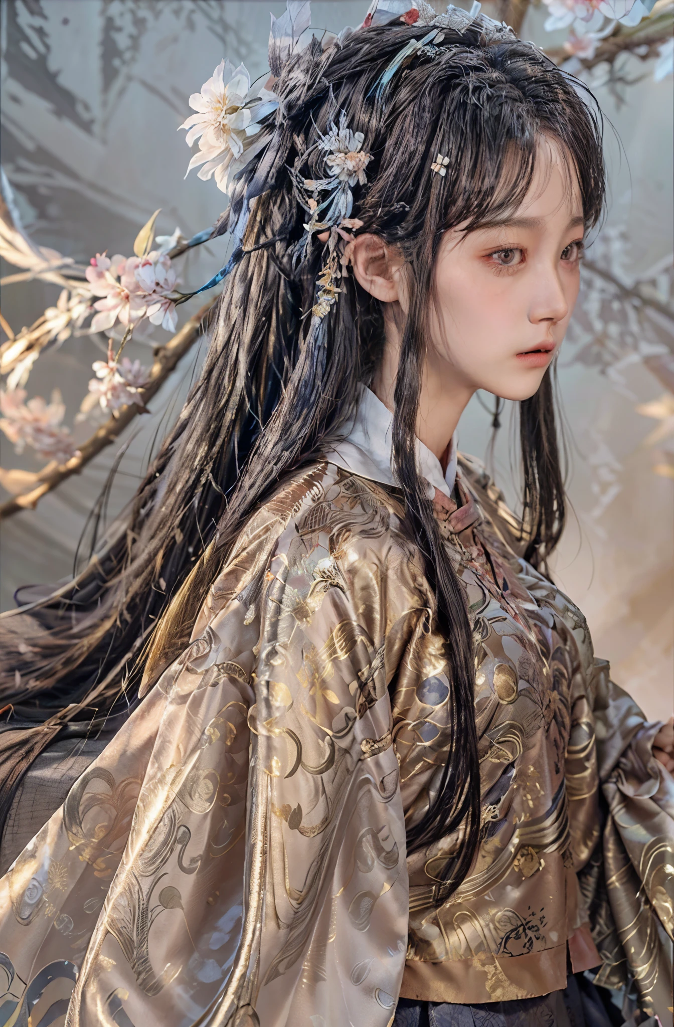 tmasterpiece,Best quality at best,ultra - detailed,(Anatomical correct,Accurate and perfect Korean female face shape,exquisite facial features,Dexterous hands),1 sister,Model catwalk,Stood up,Full body like, Holding a fan in his hand,Stand on the catwalk,Fashion show,Cherry blossoms fall in the background,Stay away from the lens,(Hanfu,Gorgeous Chinese Ming Dynasty clothing style,Short pink coat,The color is black,Dark gold pleated skirt,crewneck,Overlapping collar chestnut hair,looking at viewert,Detailed skin texture,The texture of the fabric is delicate,delicated face,with petals falling,Gorgeous headdress,1.Realism increased by 4 times,high detal,in a panoramic view,Faraway view,hyper HD,The content is very detailed,(Extremely detailed pictures),(light and shadow effect),(电影灯光),(Cinema 4D),(Light particle tracing),(Rendered by Octane),(best painter painting),(8K分辨率),フォトリアリスティック