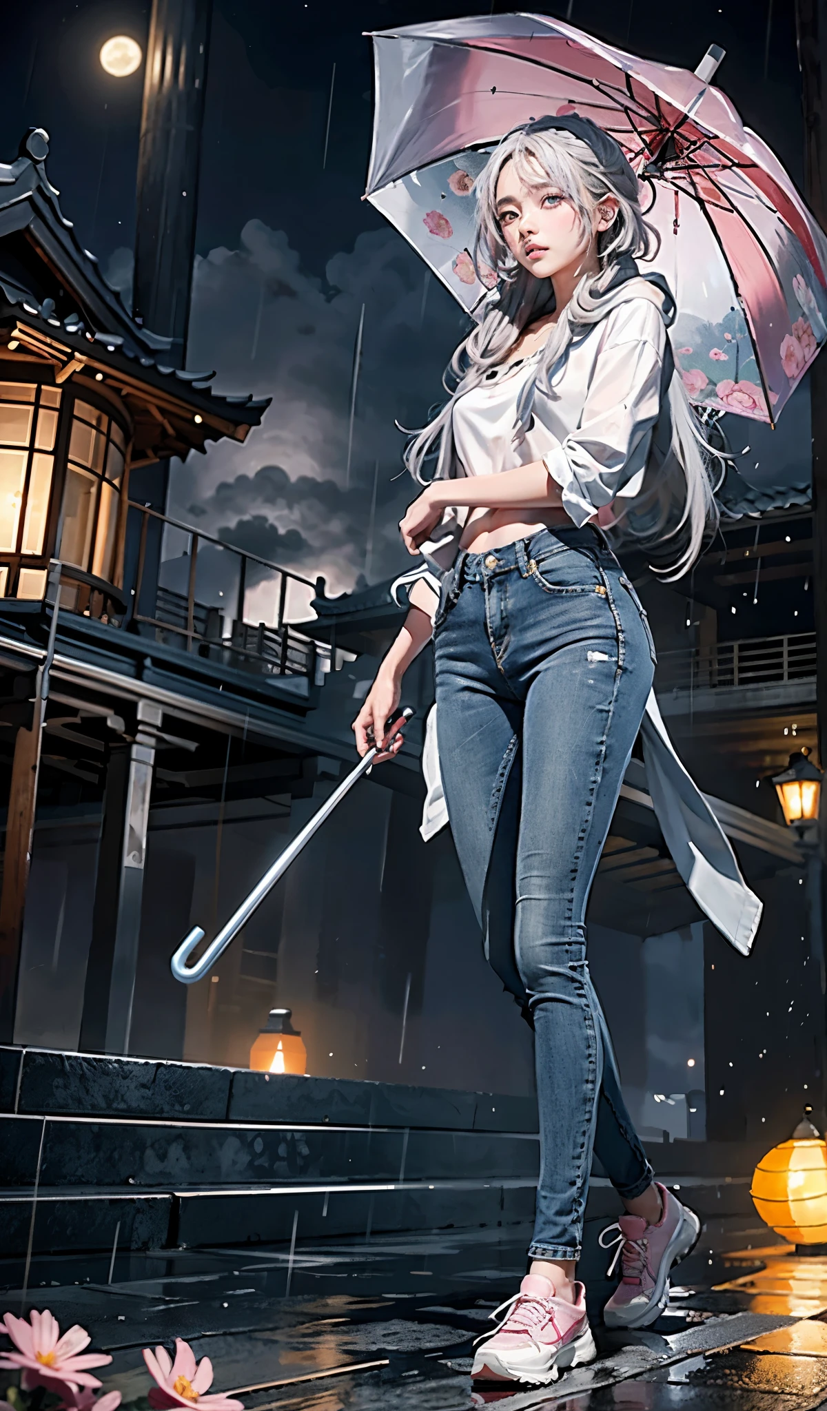 On the playground where it rains, Girl hits the umbrella above her head, Holding an umbrella in the other hand, blue denim, Masterpiece Superb Night Moon Full Moon 1 Female, Sister Hua and Sister Yu have a cold face and long silver-white hair. A woman with light pink lips is calm and intellectual. A with three stripes of gray is walking on the street with assassin lanterns and flowers and balls in the background., Long hair shawl,