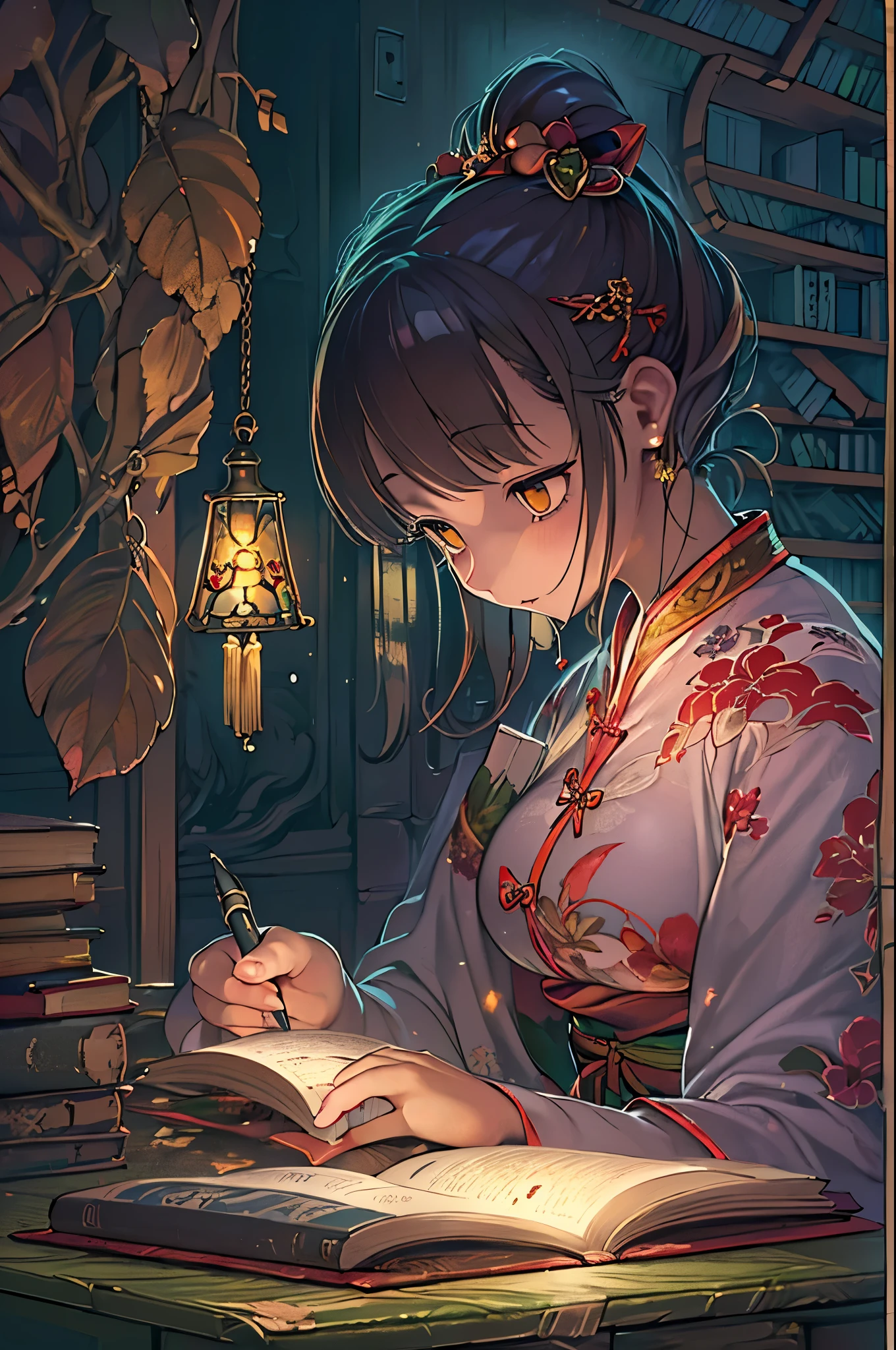 Photo of beautiful girl in traditional chinese dress looking at ancient chinese books under lamp on low table in old walled garden at peaceful night,((In his right hand he holds a pen.、Place your left hand on the table)),((masutepiece)),Realistic,4K,,((Beautiful big eyes))