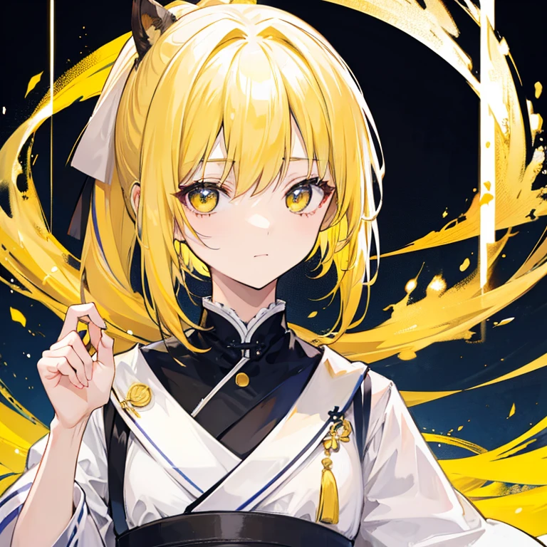 yellow hair a little whitish、Yellow eyes、poneyTail、