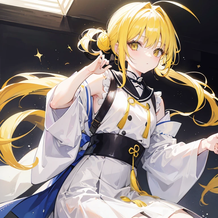 yellow hair a little whitish、Yellow eyes、poneyTail、
