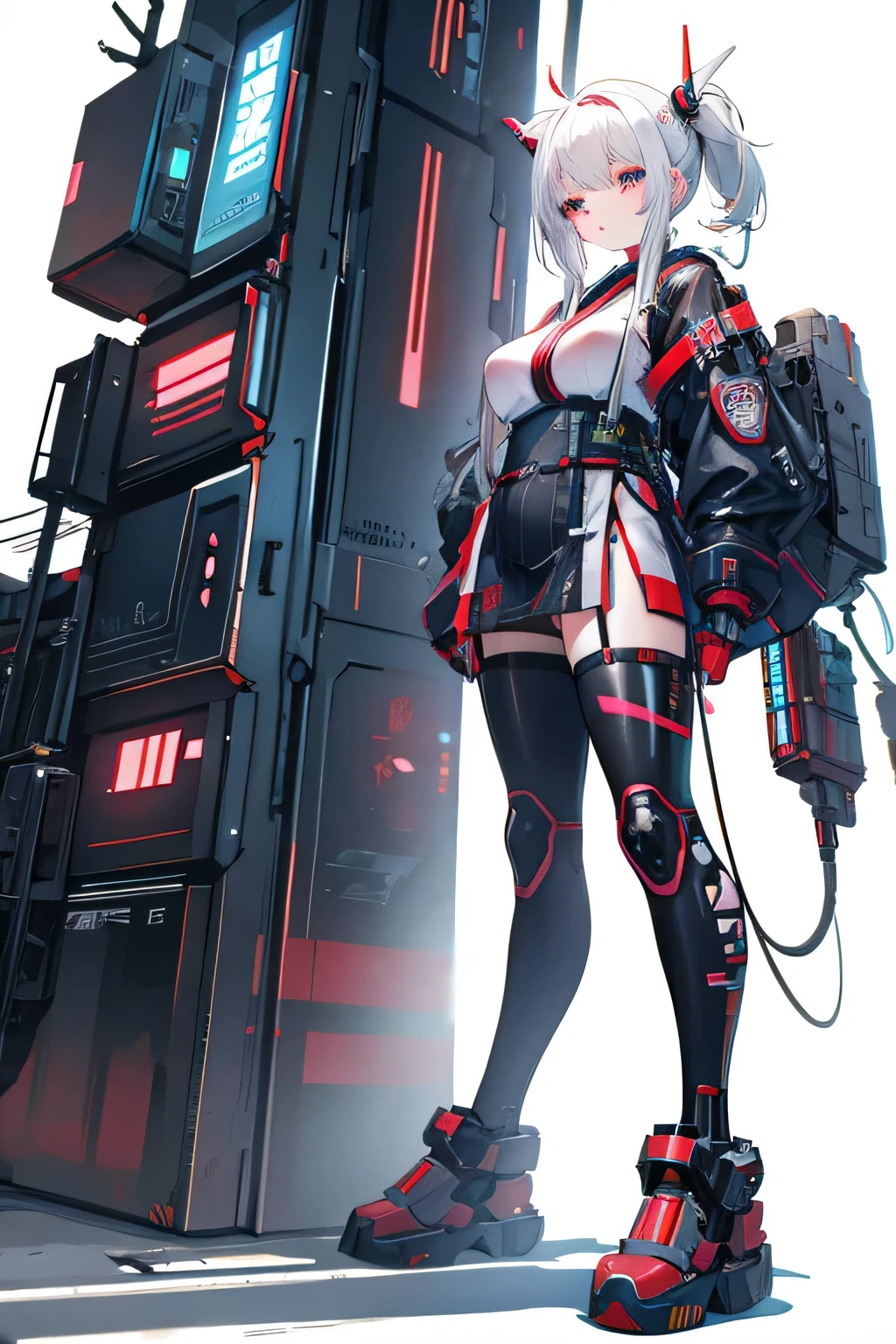 Best quality at best,pix,Cyberpunk girl,white backgrounid,style of anime,Heavy industrial clothing,girl,japanese-inspired