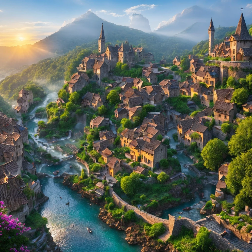 Middle age style village, worn stone streets with people, bars on the edge of a ravine with transparent water waterfall and castle and birds and dragons spitting mysterious catholic fire in the rising sun and soft fog