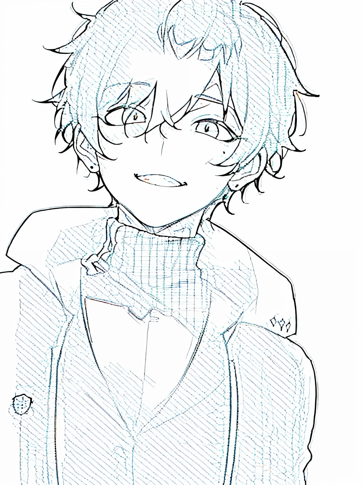 best quality, high resolution, clean background, high contrast, (((1boy:1.1))), line-drawing, sketch, ((tight medium shot))), white background, clean line drawings, (fringe hairstyle), (naughty face), smile face, (((turtleneck:1.1))), (Mashed Hair),