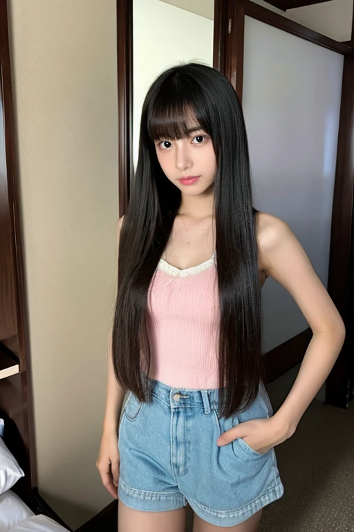 An ultra-high picture quality、Perfect Photo、Japanese 14 year old、a beauty girl、fullnude、Pussy、stand in the corner of the room facing forward、Black hair straight medium length、