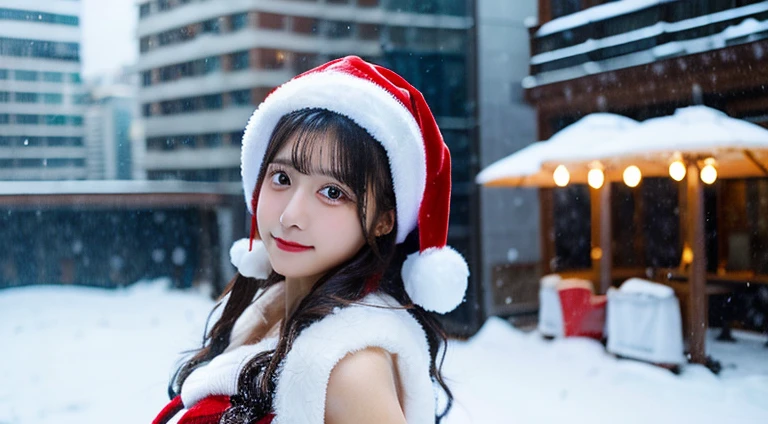 A girl in a miniskirt wearing a sexy Santa Claus costume, Blurred snow scene in the background, Detailed face, High quality, High resolution