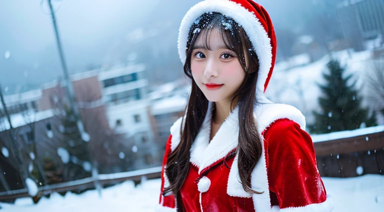 A girl in a miniskirt wearing a sexy Santa Claus costume, Blurred snow scene in the background, Detailed face, High quality, High resolution