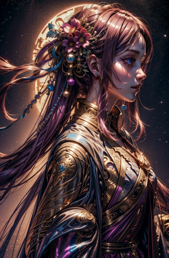 (Best quality at best,8K,A high resolution,tmasterpiece:1.2),ultra - detailed,(actual,photoactual,photo-actual:1.37),Clown Girl,美丽细致的眼睛,beautiful detailed lips,Extremely detailed eyes and face,Long eyelashes,Purple colored hair,Greeting the sunset,东方Artistically风格,Artistically,Portrait inspired by Magalie Villeneuve,and creepy characters,picture of a sinister and beautiful Clown Girl,史诗奇幻肖像Artistically,Luxurious and sinister face,extremely detailed face of an evil Clown Girl,平面Artistically家 Magali Villeneuve