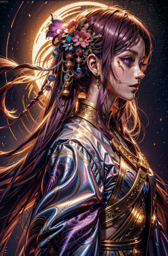 (Best quality at best,8K,A high resolution,tmasterpiece:1.2),ultra - detailed,(actual,photoactual,photo-actual:1.37),Clown Girl,美丽细致的眼睛,beautiful detailed lips,Extremely detailed eyes and face,Long eyelashes,Purple colored hair,Greeting the sunset,东方Artistically风格,Artistically,Portrait inspired by Magalie Villeneuve,and creepy characters,picture of a sinister and beautiful Clown Girl,史诗奇幻肖像Artistically,Luxurious and sinister face,extremely detailed face of an evil Clown Girl,平面Artistically家 Magali Villeneuve