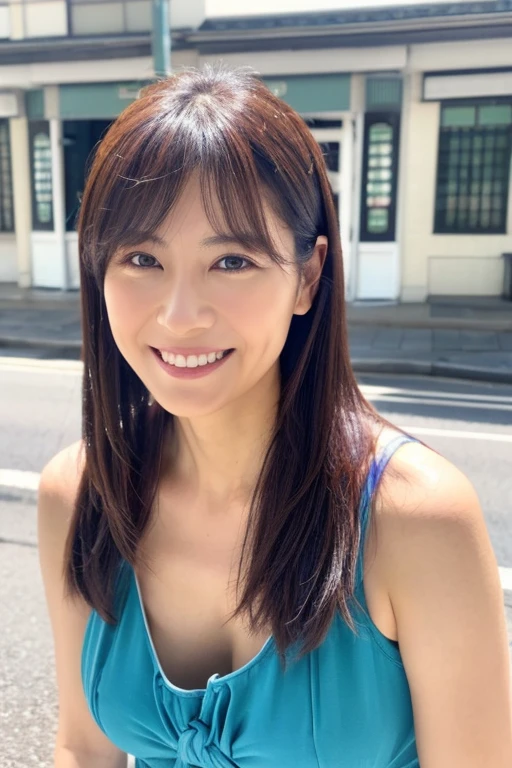 Upper body portrait of a 40-year-old Japanese woman,Beautie,ren,nasolabial folds,a smile