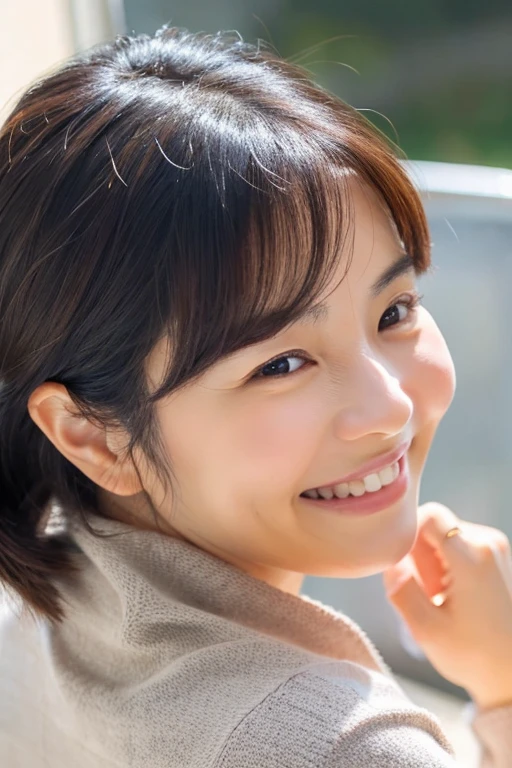 Upper body portrait of a 40-year-old Japanese woman,Beautie,ren,nasolabial folds,a smile