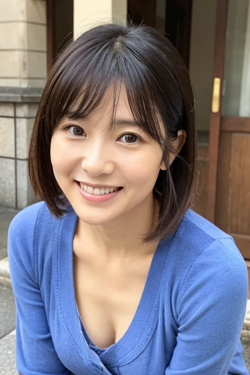 Upper body portrait of a 40-year-old Japanese woman,Beautie,ren,nasolabial folds,a smile