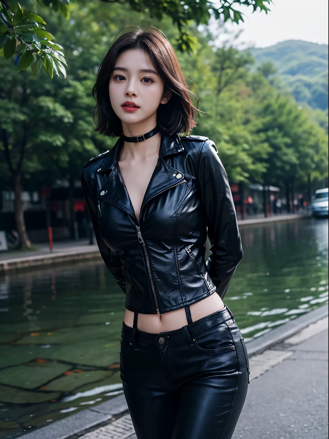 1人の女性、Korea person、Korea person美女、leather jackets、corsets、a choker、Crotch chuck、intricate detailes、hightquality、(High class:1.4)、super realistic 8K、face perfect、Perfect、clean、masterpiece、Professional artwork、famousartwork、face perfect、Beautiful expression、beautidful eyes、short dark hair、wetting hair、very Bigger breasts、clothes shiny、model poses、Ultra-realistic 4K、Top image quality、natural park background
