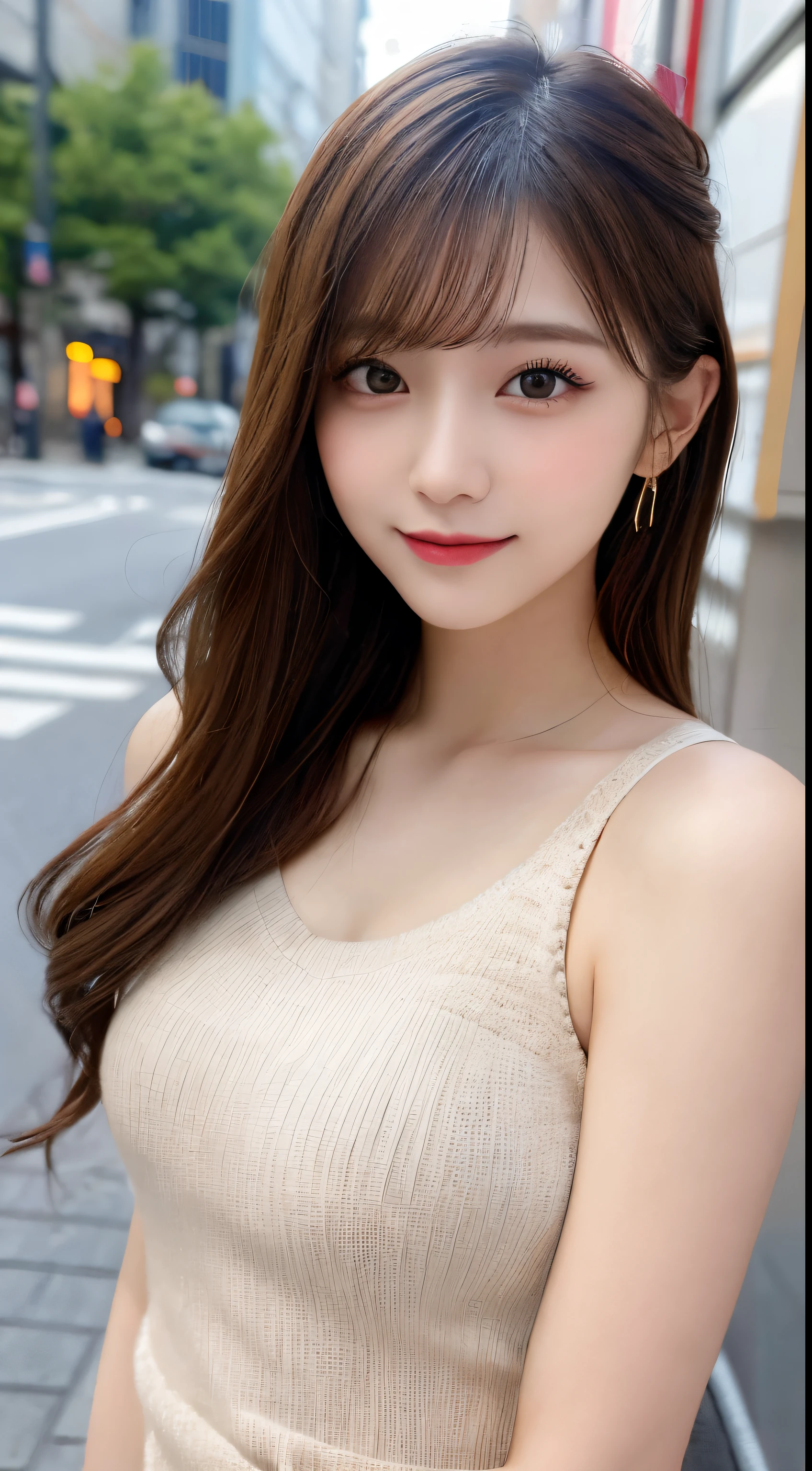 masutepiece, Best Quality, Illustration, Ultra-detailed, finely detail, hight resolution, 8K Wallpaper, Perfect dynamic composition, Beautiful detailed eyes, Trendy winter fashion in Tokyo(Knitted Dresses),Cute hairstyles,small tits,Natural Color Lip, Bold sexy poses,Smile、20 years girl、Cute、sexy look at the camera,Slim face and body,beautifull detailed face,Anatomically correct body,Blur the background,Do gal makeup