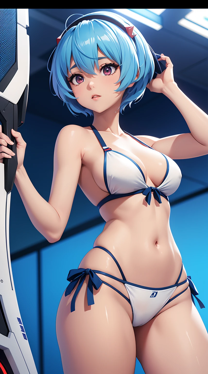 a pregirl,Lea Yabo,ayanami rei,Short blue hair,Proud figure,a white bikini,ultraclear,8k,high-quality picture