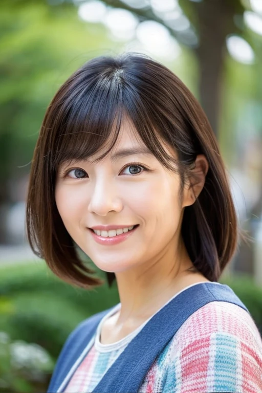 Upper body portrait of a 40-year-old Japanese woman,Beautie,ren,nasolabial folds,a smile