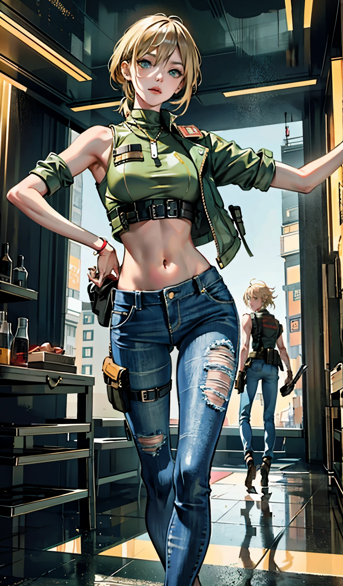 character anime person, full bodyesbian, Permanent, strong, Long blonde hair, ((design sketches)), (tmasterpiece), The is very detailed, (original design reserved), (randome pose), leader, (unique accessories), (The clothes ar, Green vest, denim pant), (Bearded face) Professionally retouched, white backgrounid, (male people: 1.1) martial art, parkour (考萨denim pant r: 0.8), (Dirty: 1.1), (move: 0.8), (young: 1.3), (sprinting: 0.6) (silent hill concept) (resident evil concept)