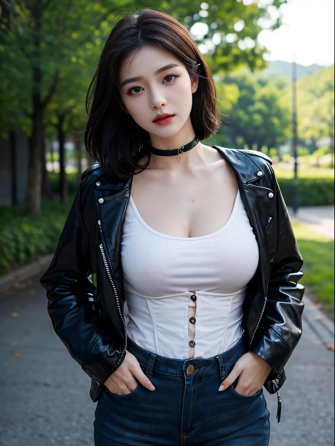 1人の女性、Korea person、Korea person美女、leather jackets、corsets、a choker、Crotch chuck、intricate detailes、hightquality、(High class:1.4)、super realistic 8K、face perfect、Perfect、clean、masterpiece、Professional artwork、famousartwork、face perfect、Beautiful expression、beautidful eyes、short dark hair、wetting hair、very Bigger breasts、clothes shiny、model poses、Ultra-realistic 4K、Top image quality、natural park background